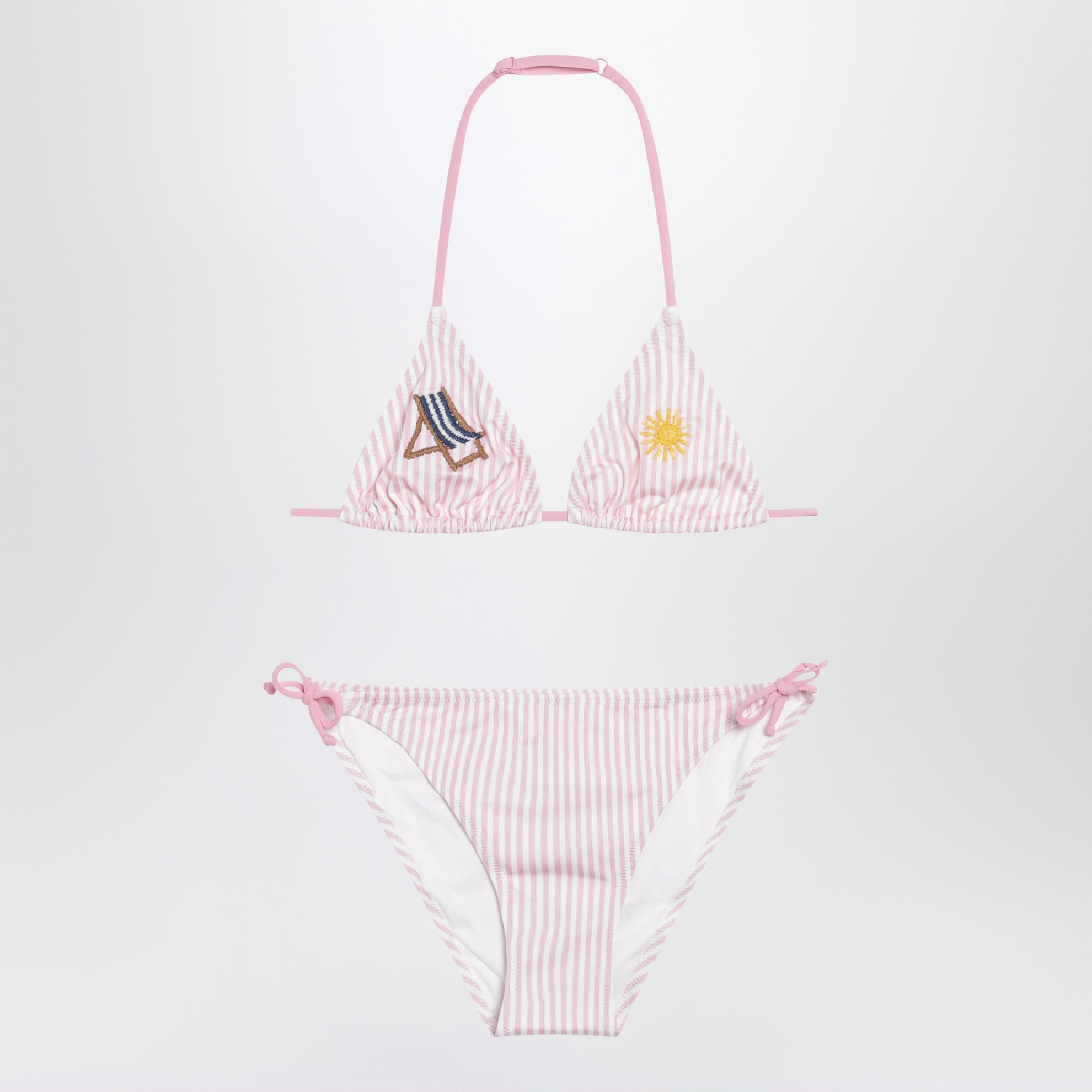 Rosa/weiß gestreifter Bikini mit maritimer Stickerei