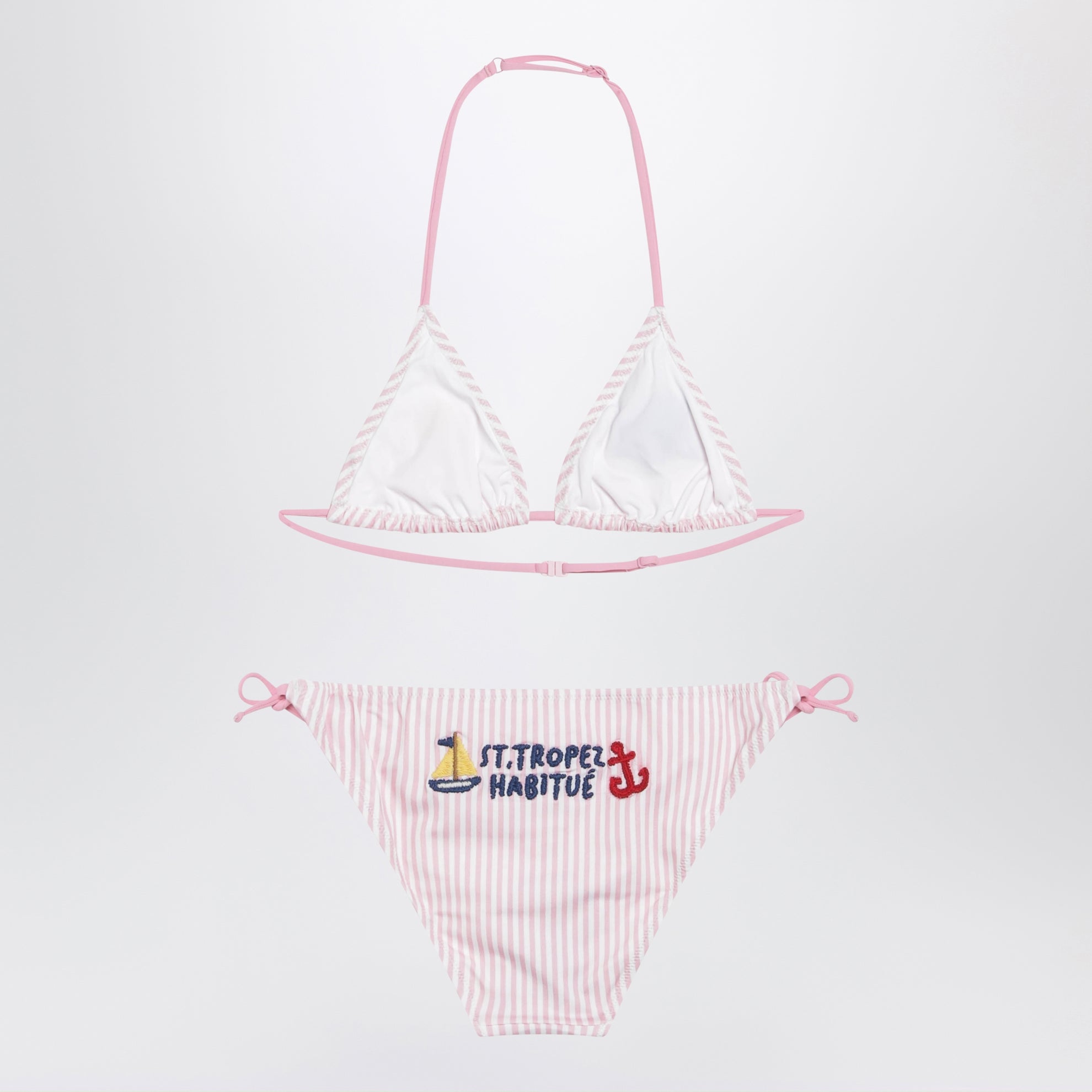 Rosa/weiß gestreifter Bikini mit maritimer Stickerei
