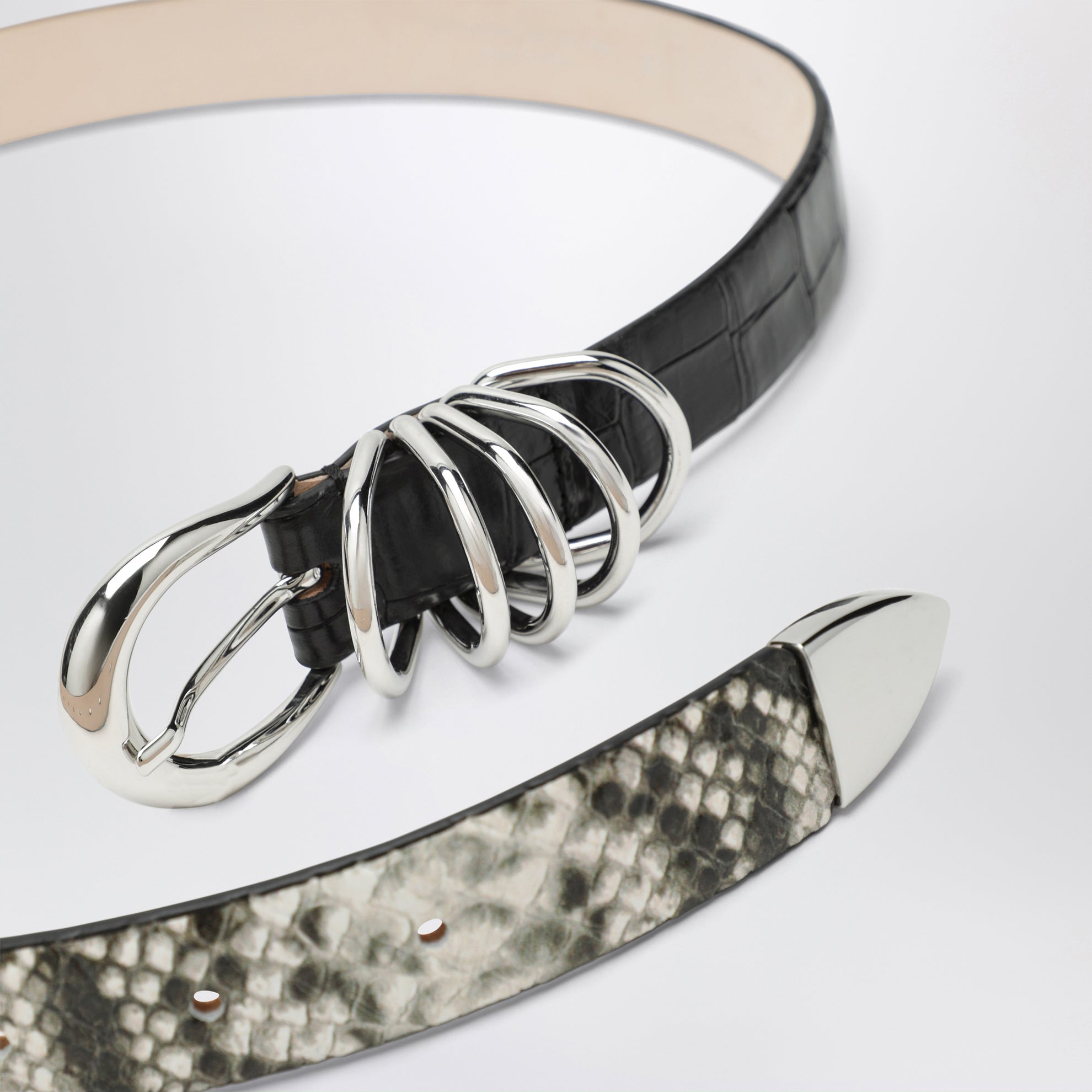 Hollyhock belt in python and crocodile-effect leather