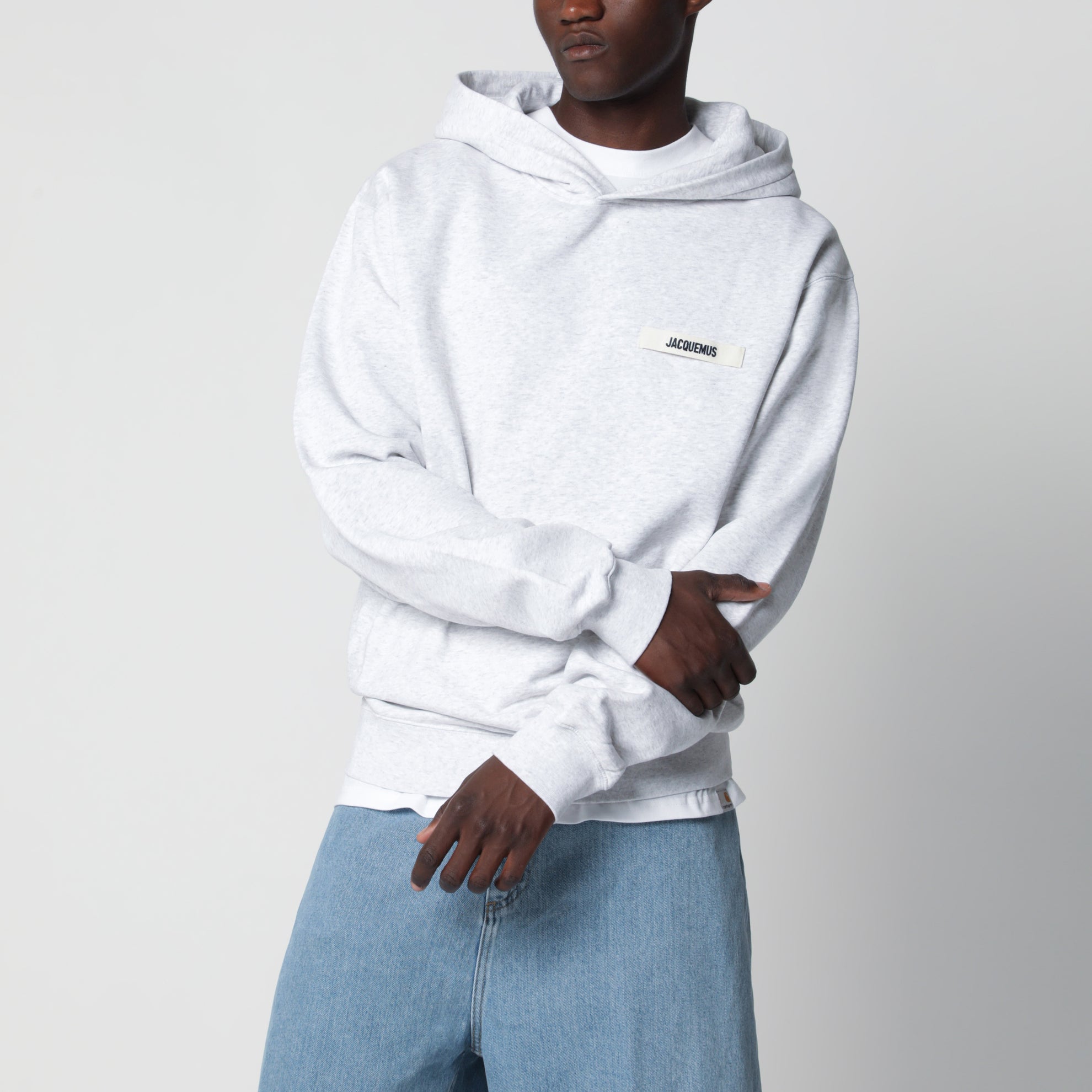 Sweat à capuche gris avec logo en gros-grain