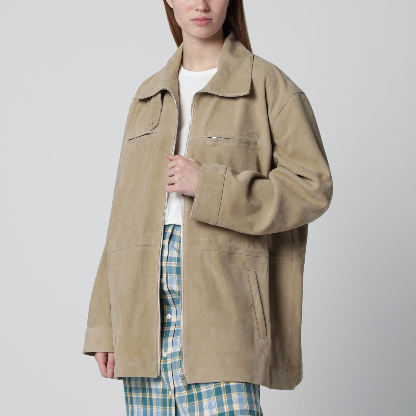 Beige suede leather parka