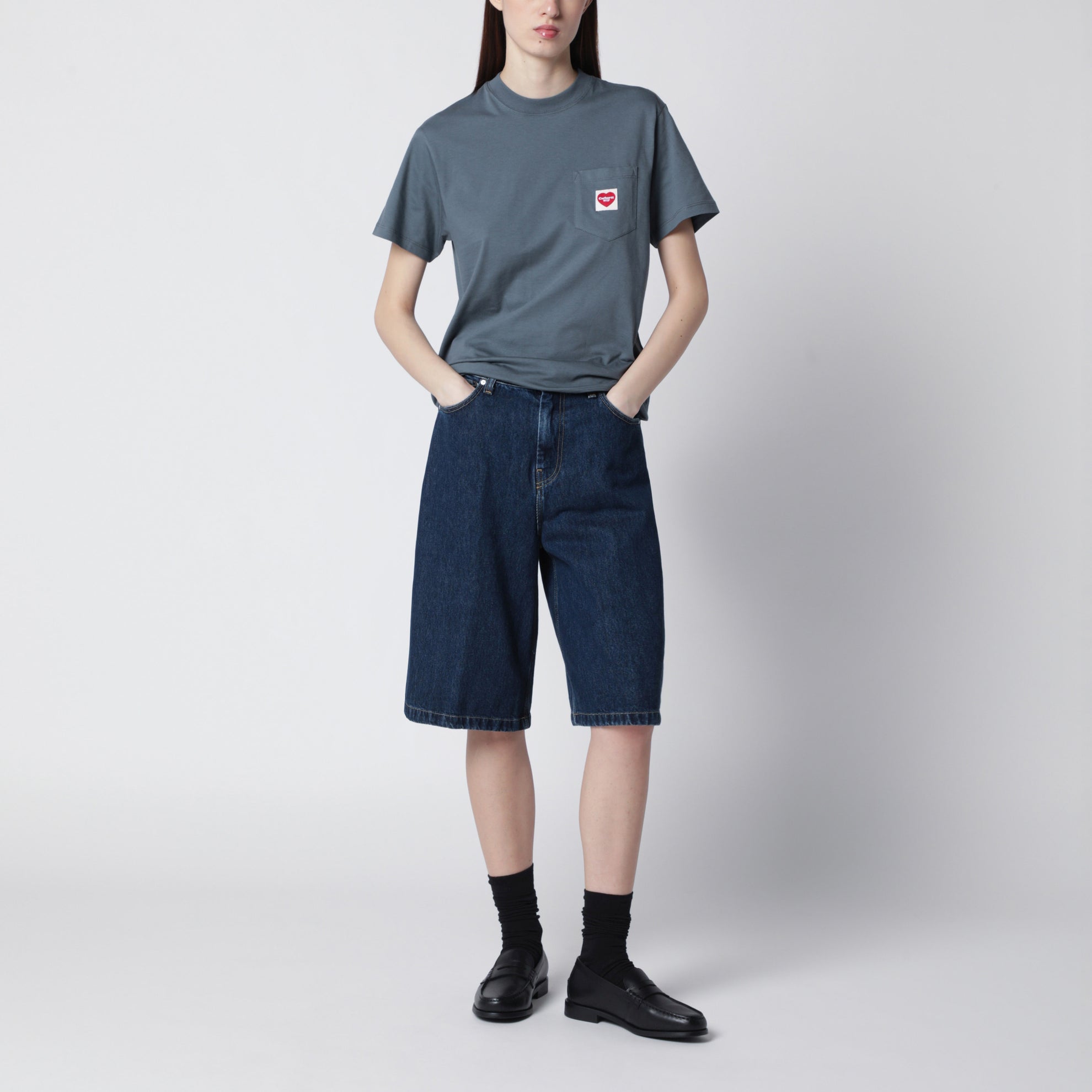 Pocket Heart Cozy Blue/Red T-Shirt aus Bio-Baumwolle