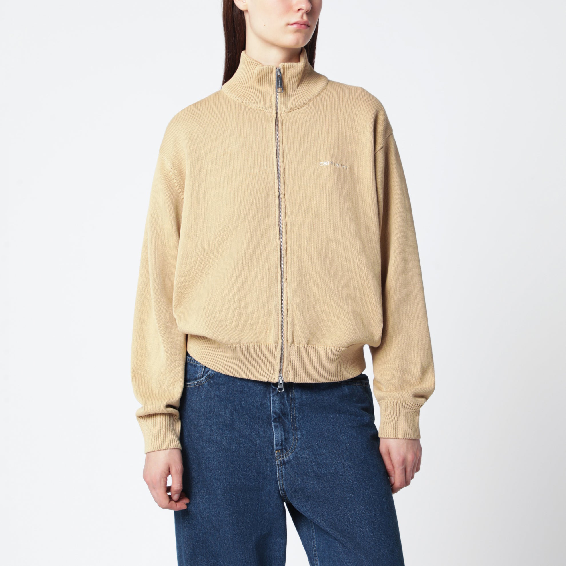 Cotton knit zip cardigan sweatshirt in Dusty Brown
