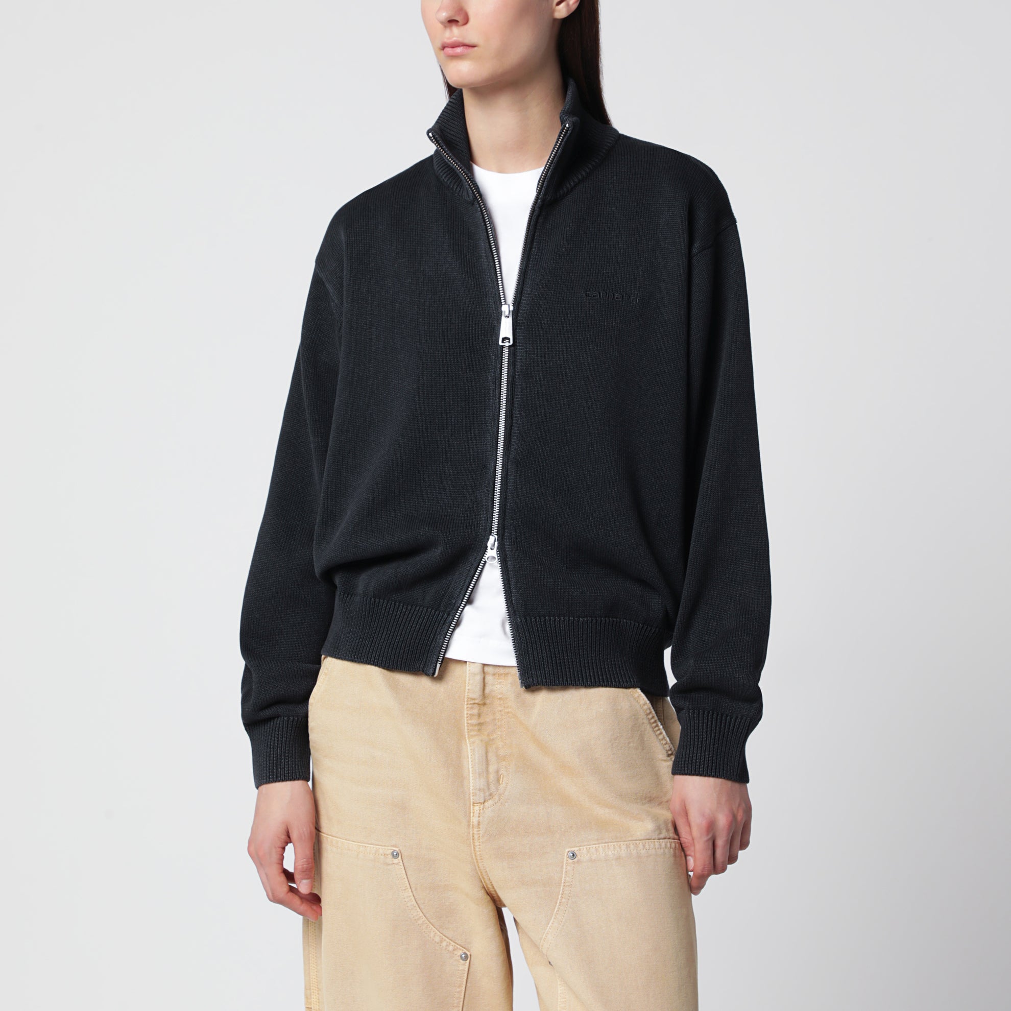 Black cotton knit zip cardigan sweatshirt