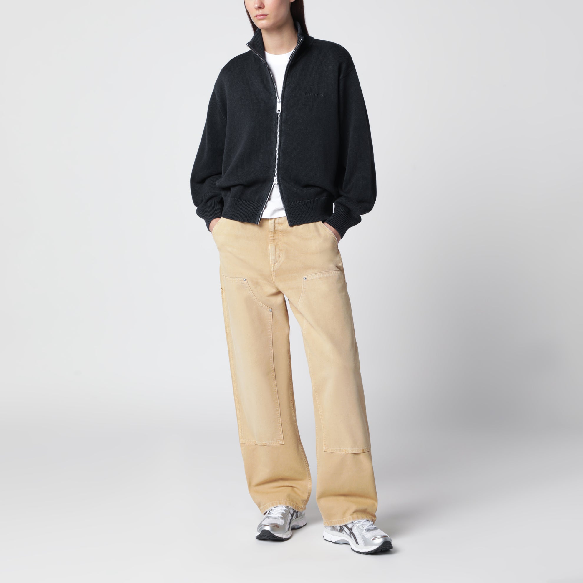 Black cotton knit zip cardigan sweatshirt