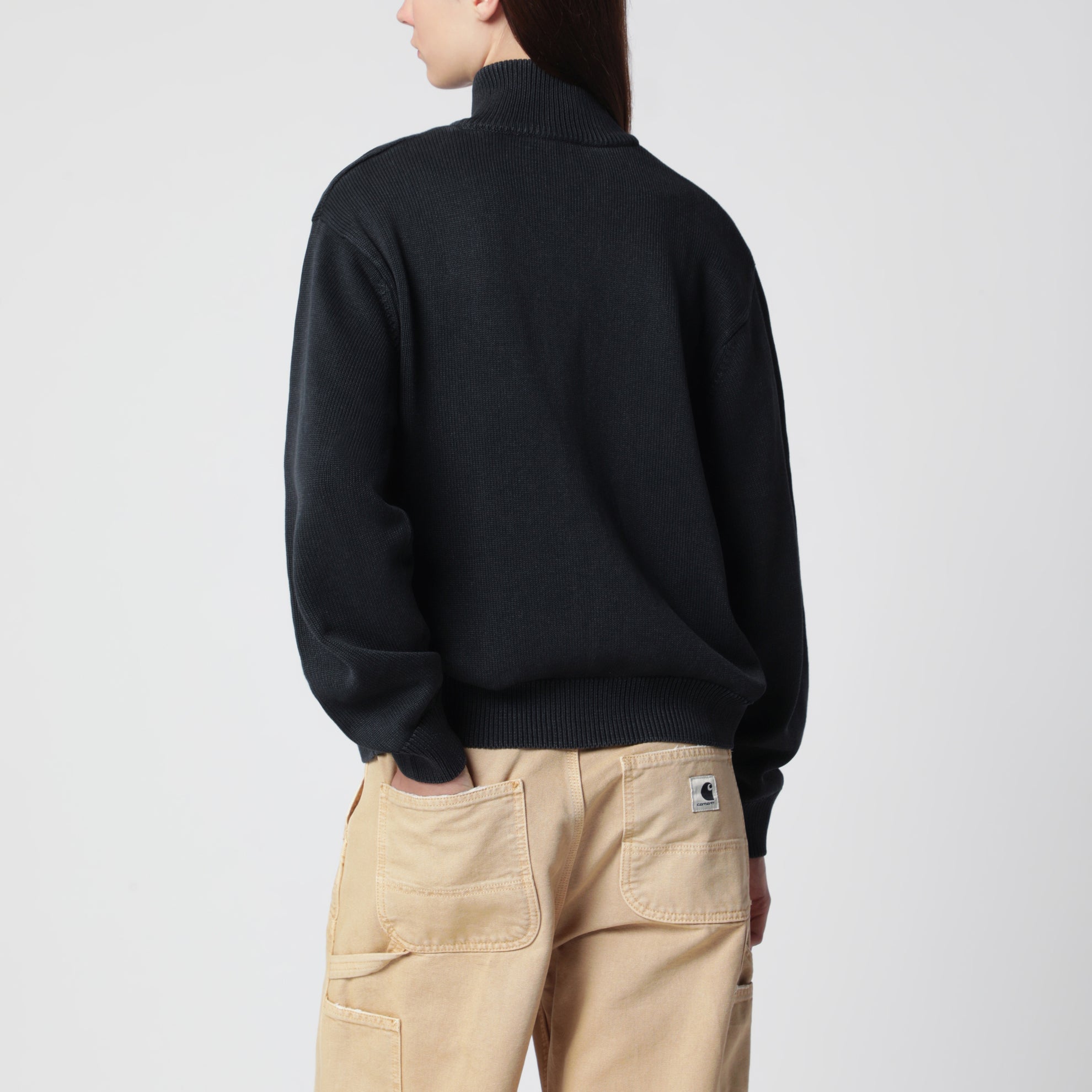 Black cotton knit zip cardigan sweatshirt