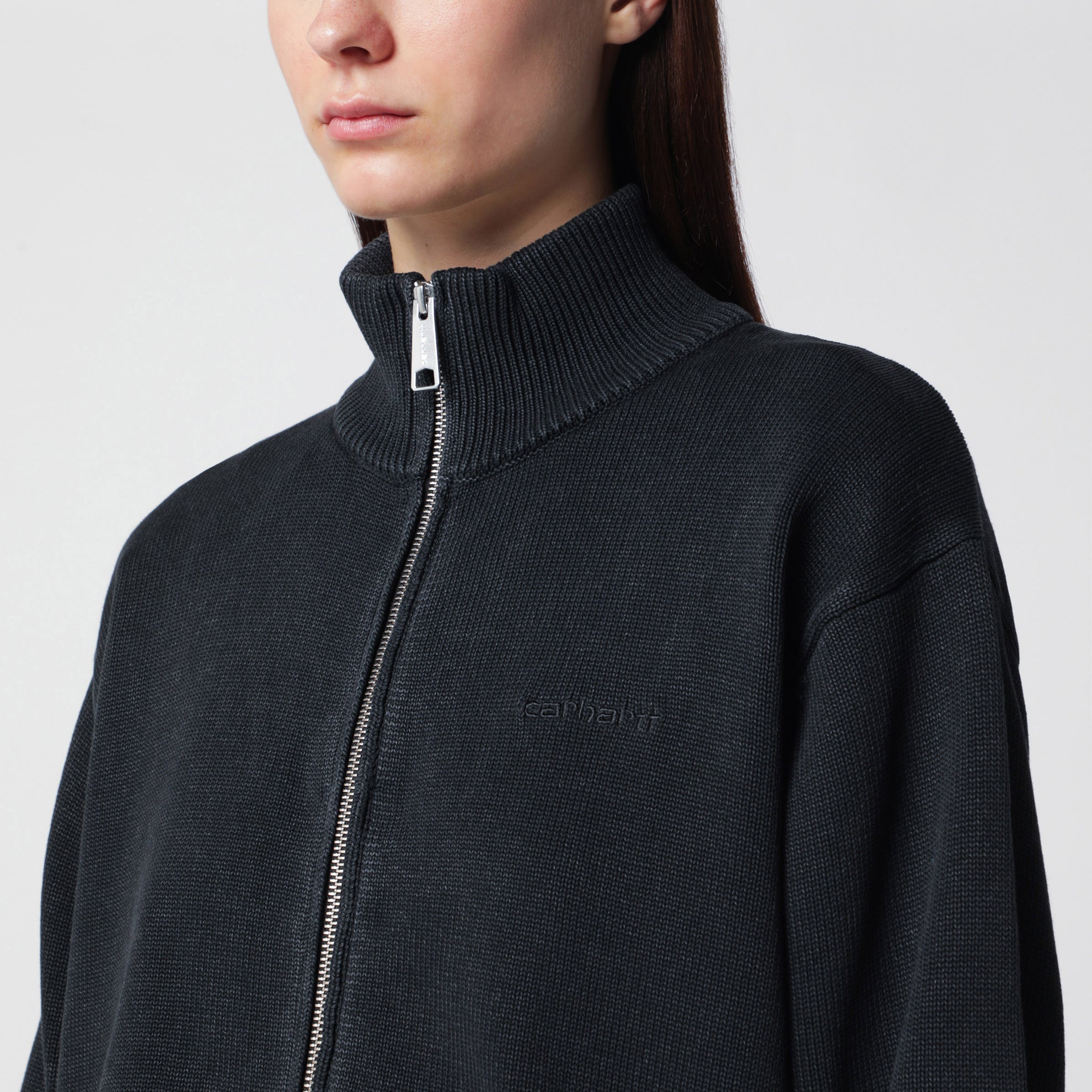 Black cotton knit zip cardigan sweatshirt