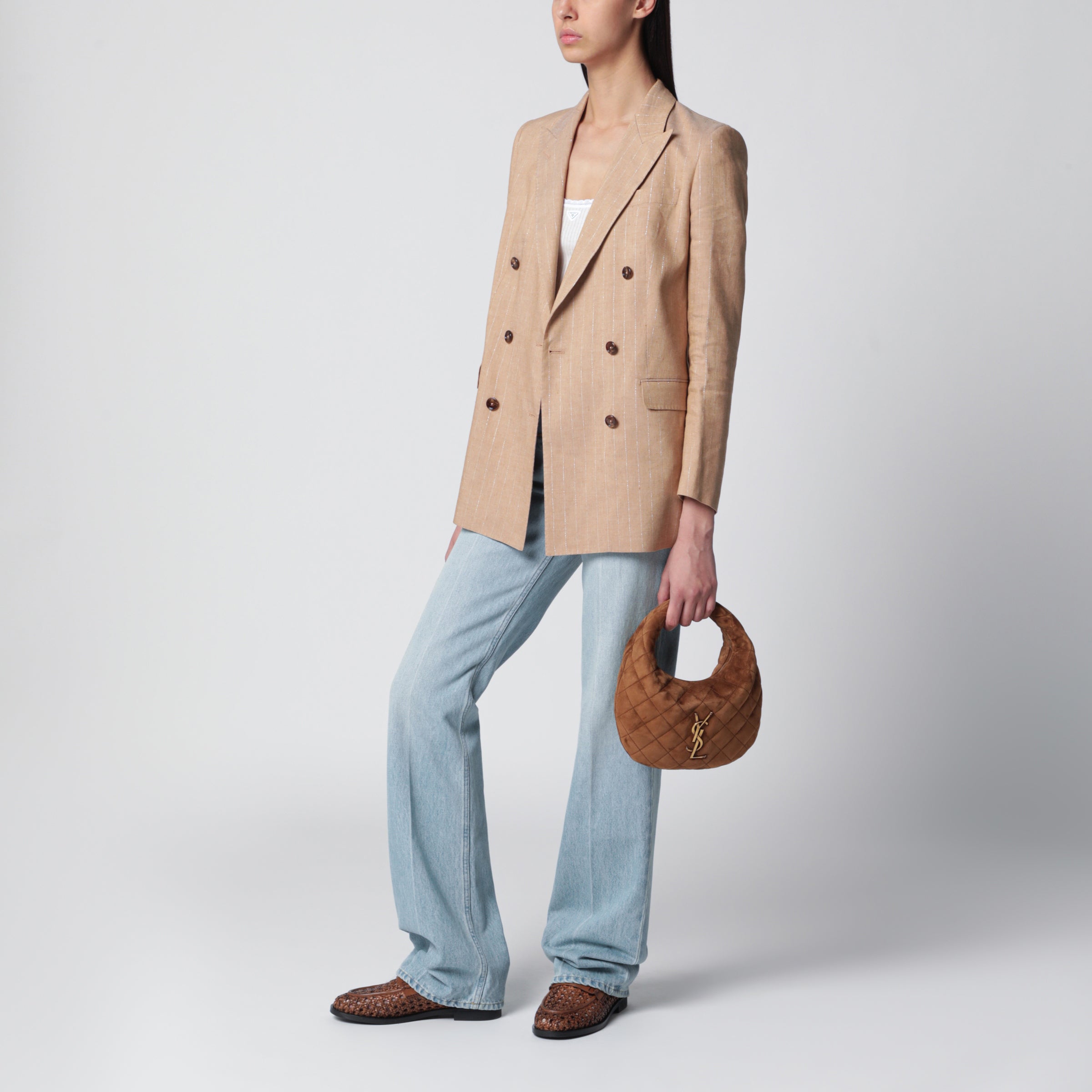Tagliatore Beige double-breasted pinstripe linen-blend jacket