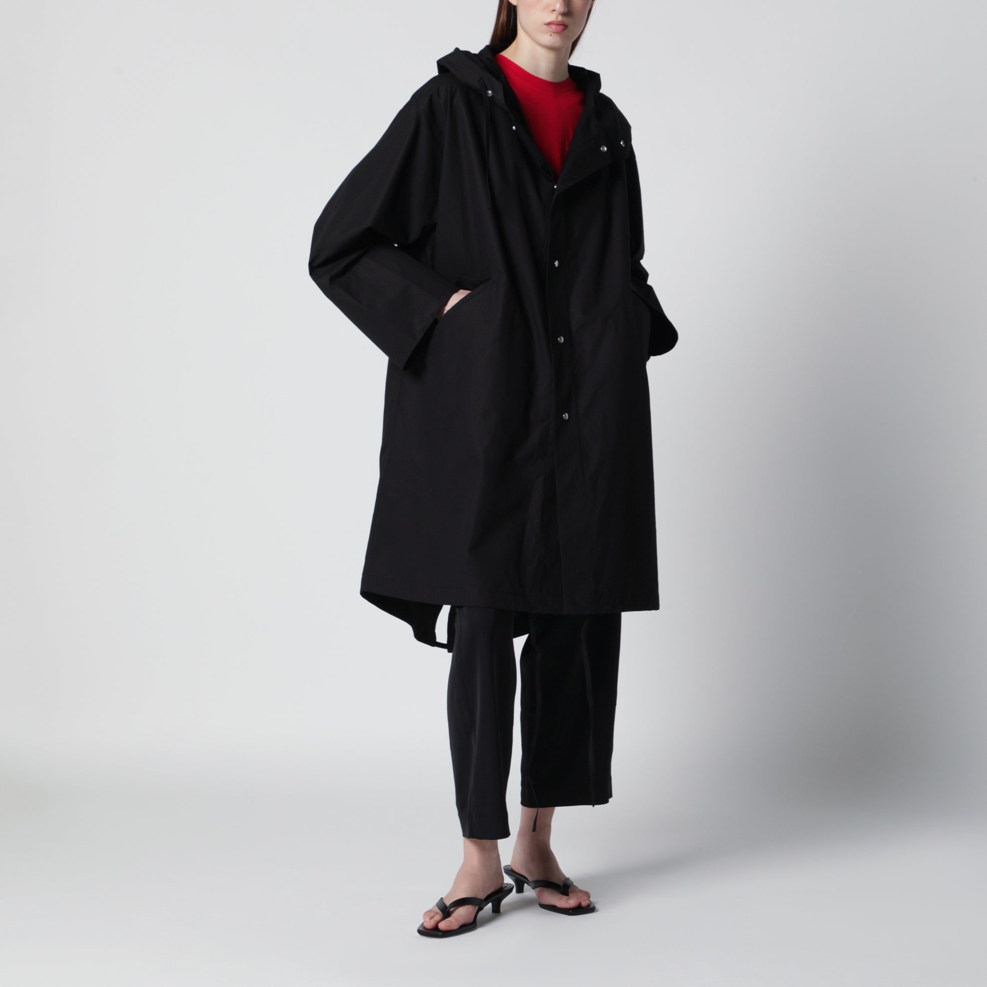 Mid-length hooded parka in waterproof cotton, black