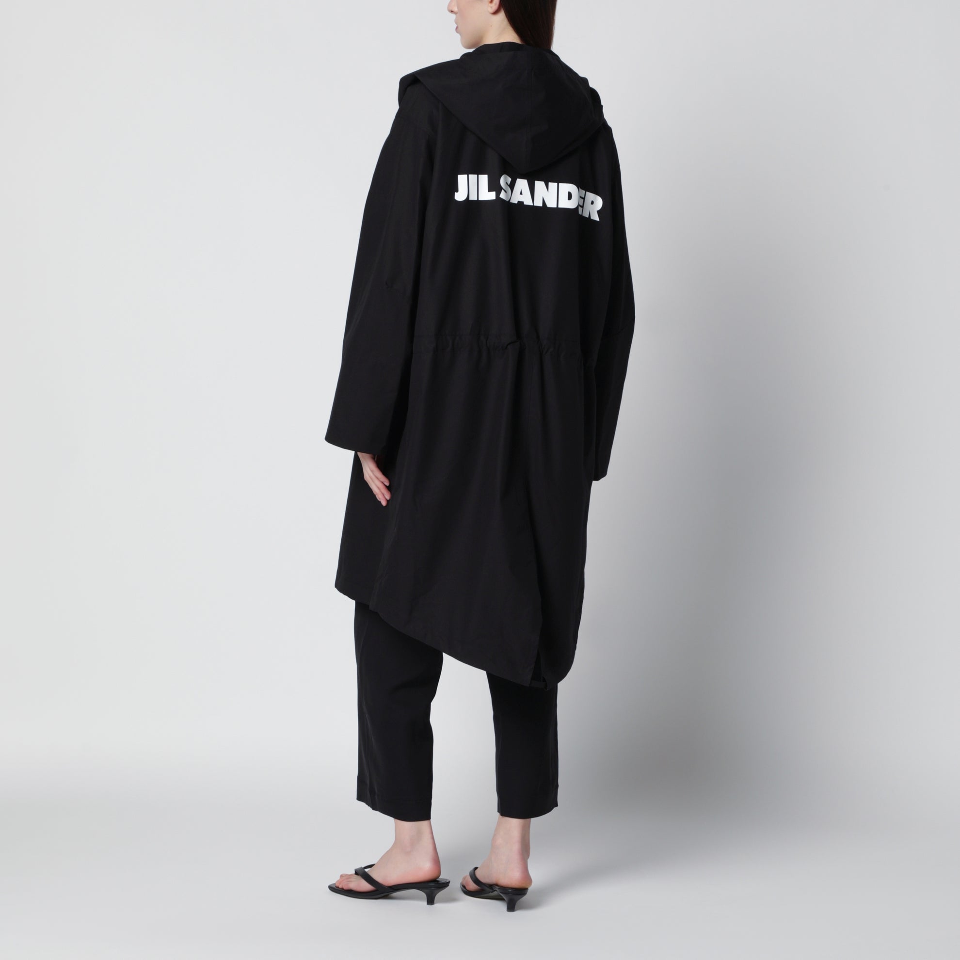 Mid-length hooded parka in waterproof cotton, black