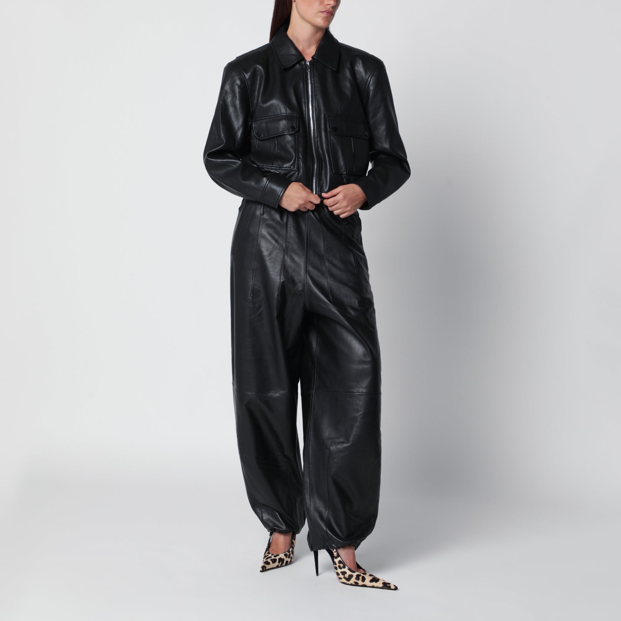 Black cropped faux leather bomber jacket