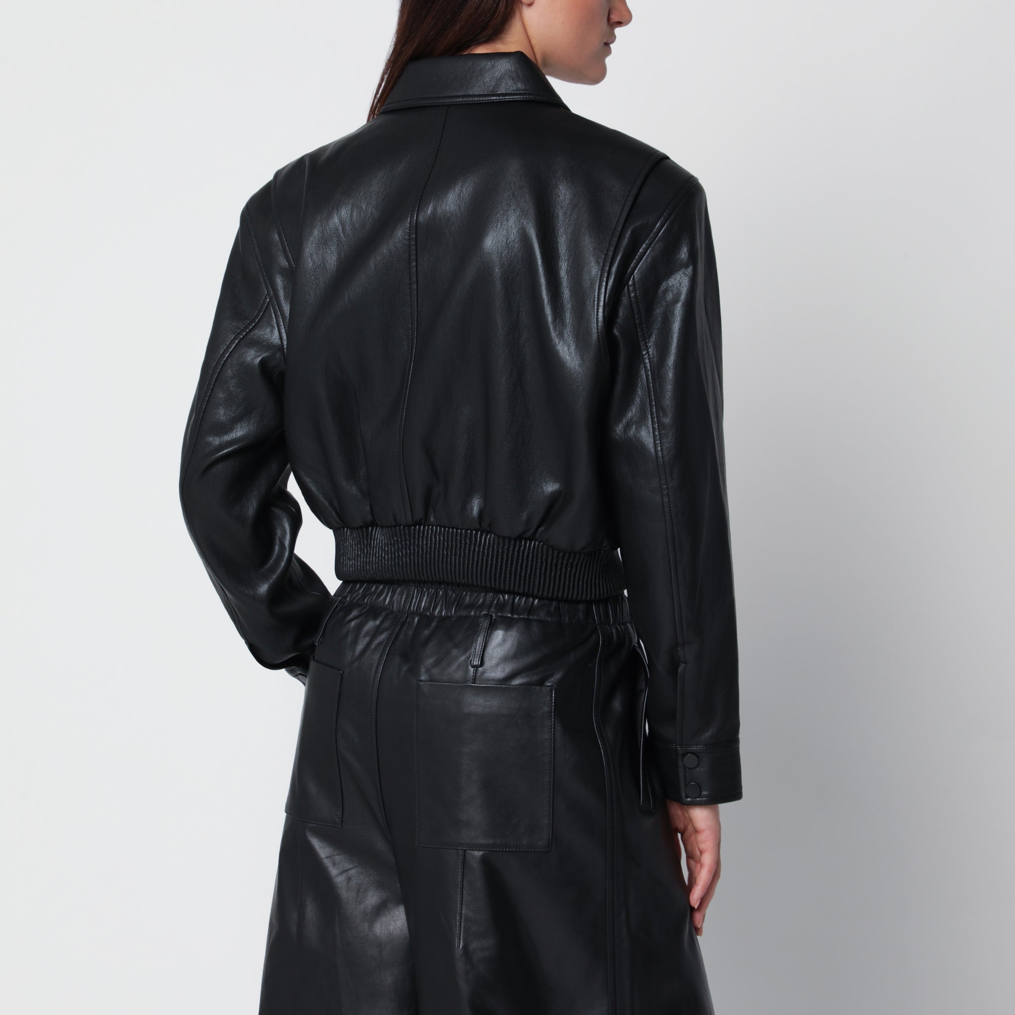 Black cropped faux leather bomber jacket