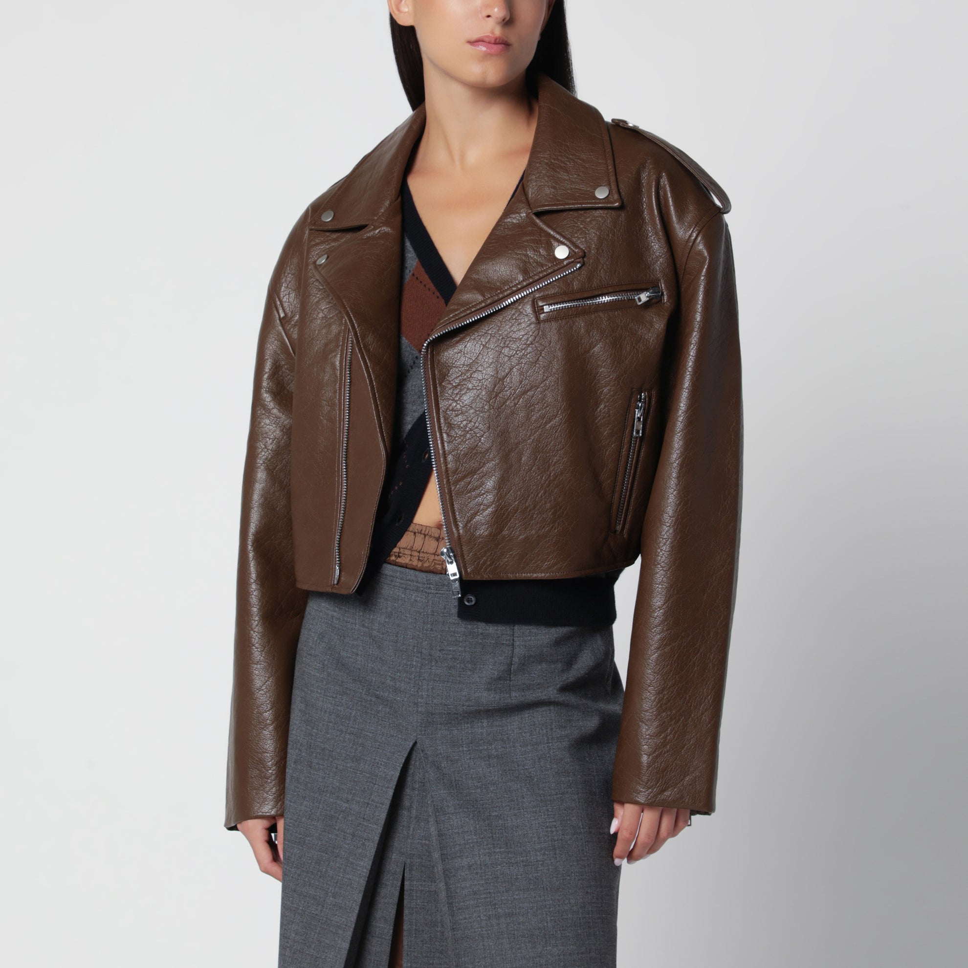 Giacca biker cropped marrone in ecopelle