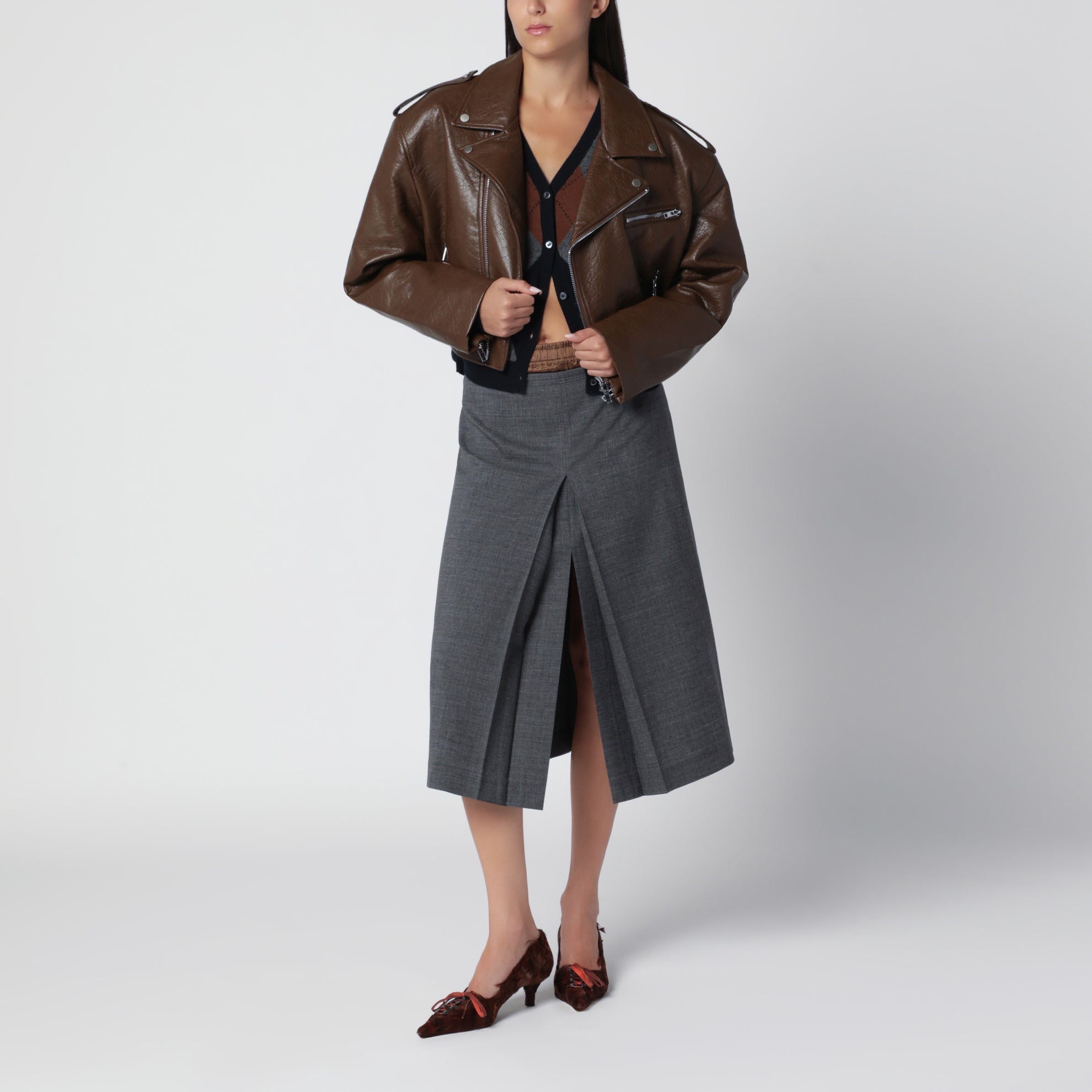 Giacca biker cropped marrone in ecopelle