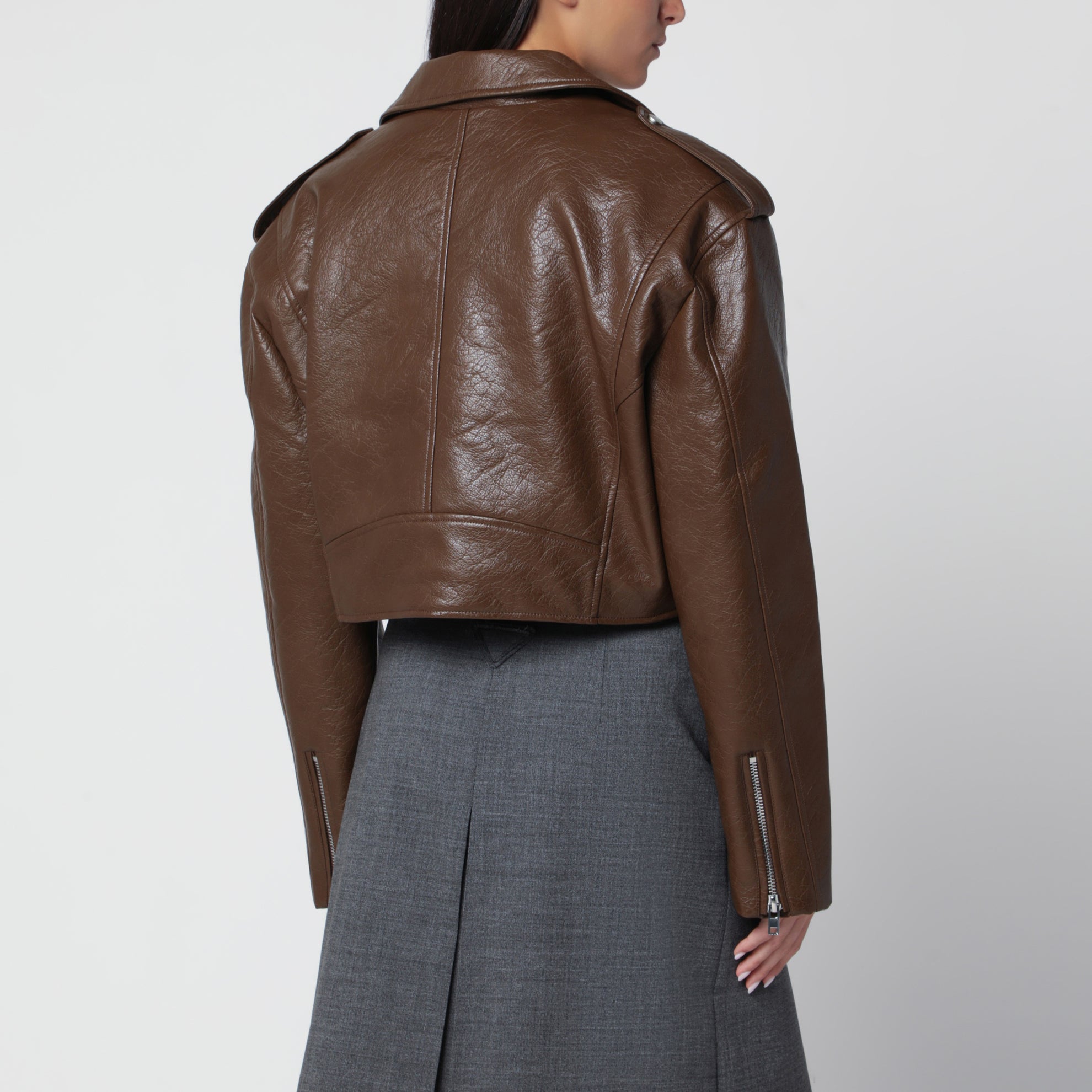 Giacca biker cropped marrone in ecopelle