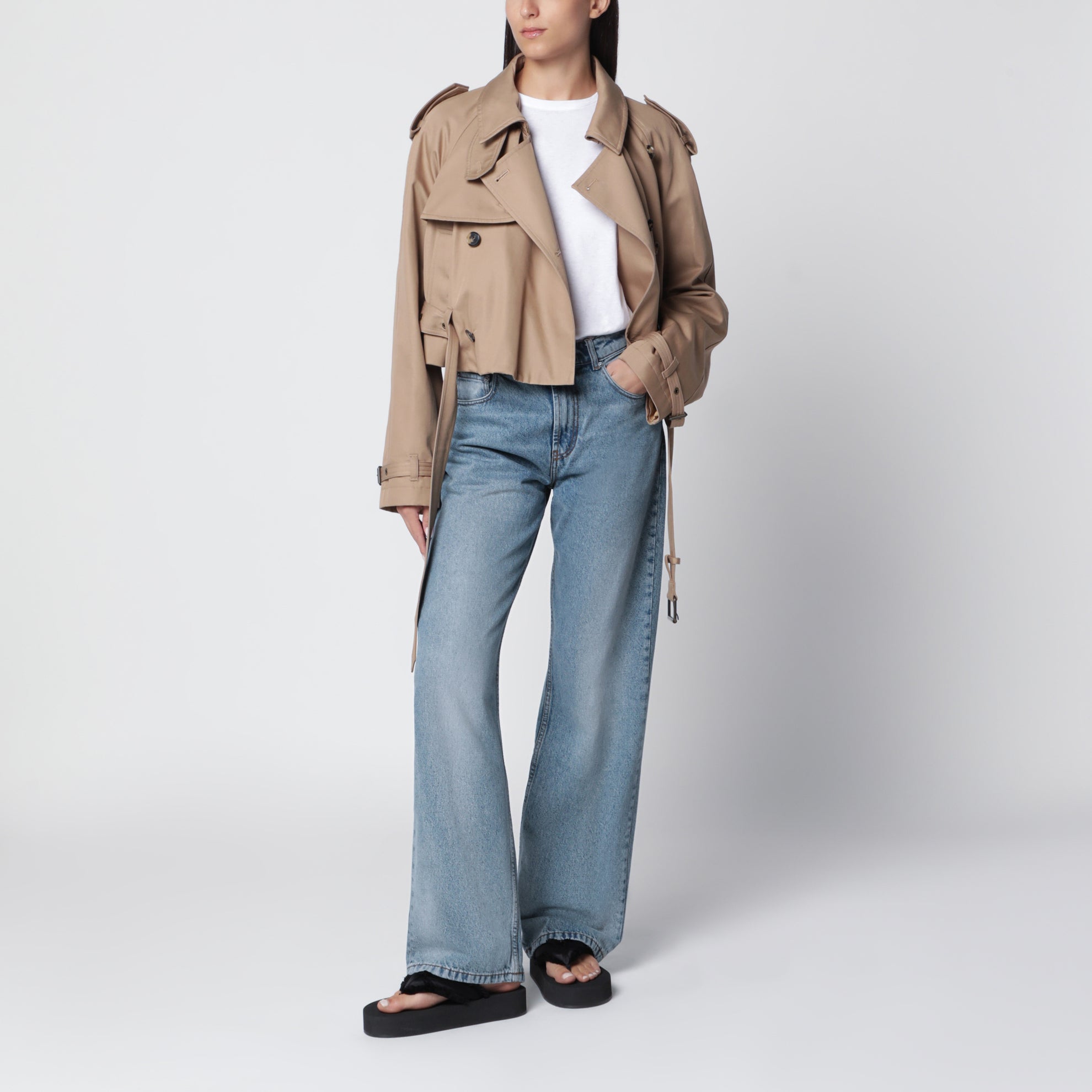 Trench corto in cotone beige