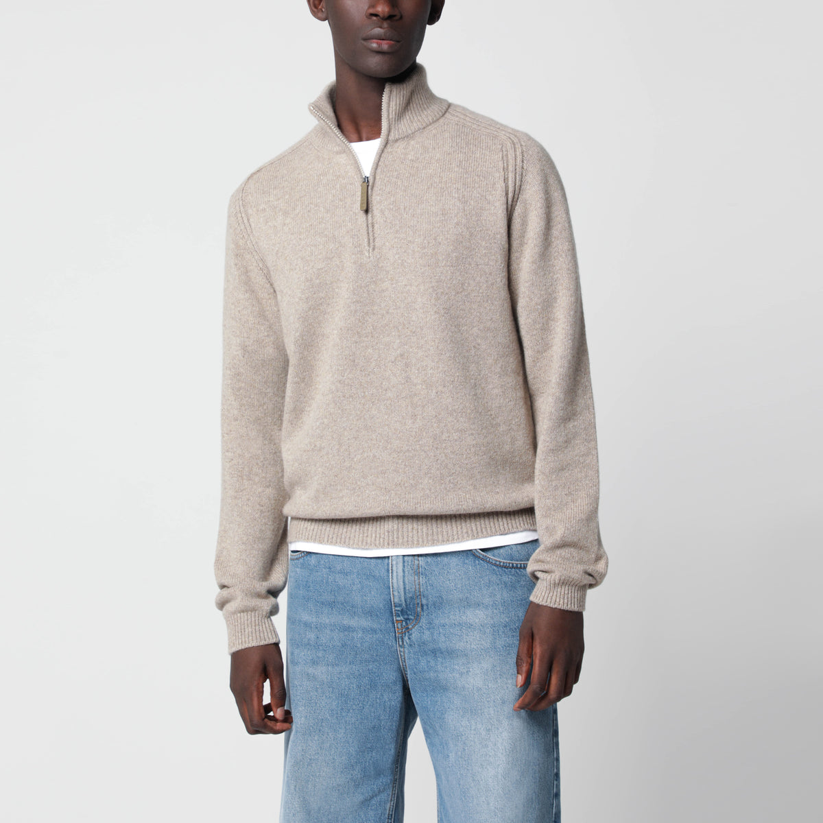 Beige melierter Kaschmirpullover mit halbem Reißverschluss