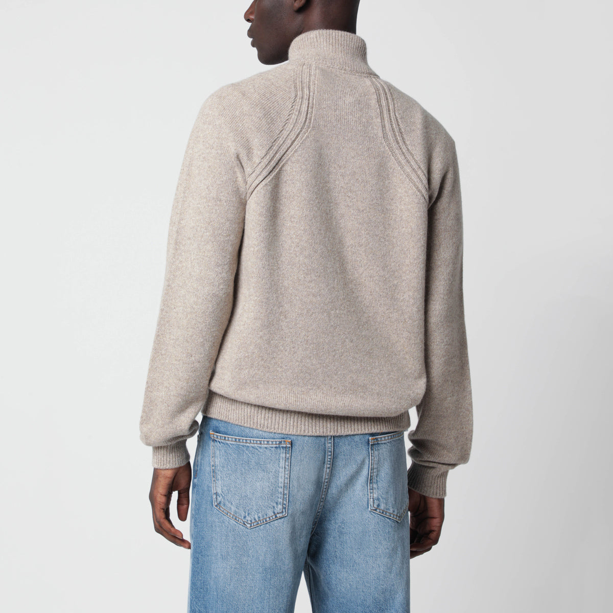 Beige melierter Kaschmirpullover mit halbem Reißverschluss