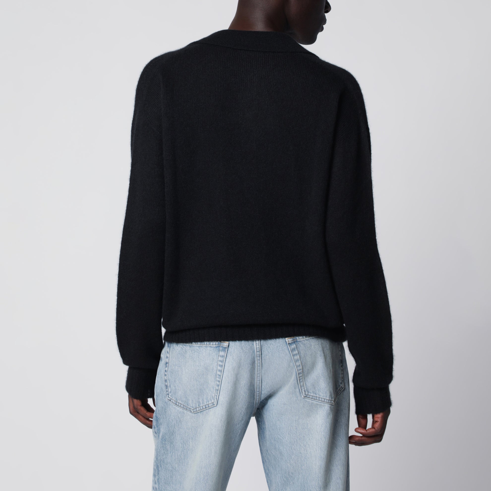 Long-sleeve V-neck cashmere and silk polo in black