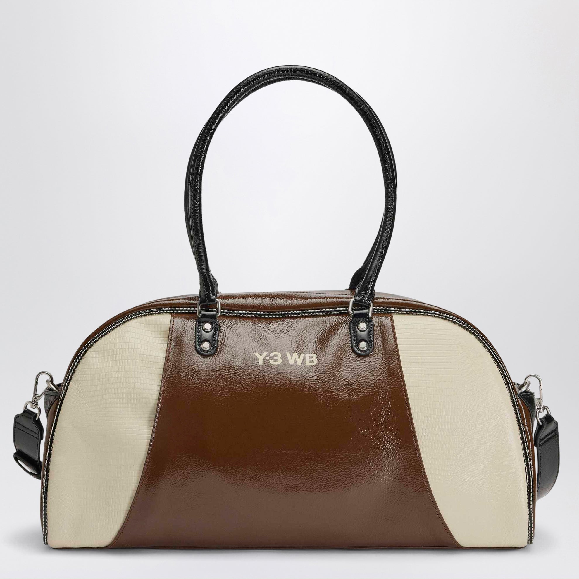 Brown/cream white leather bag with logo
