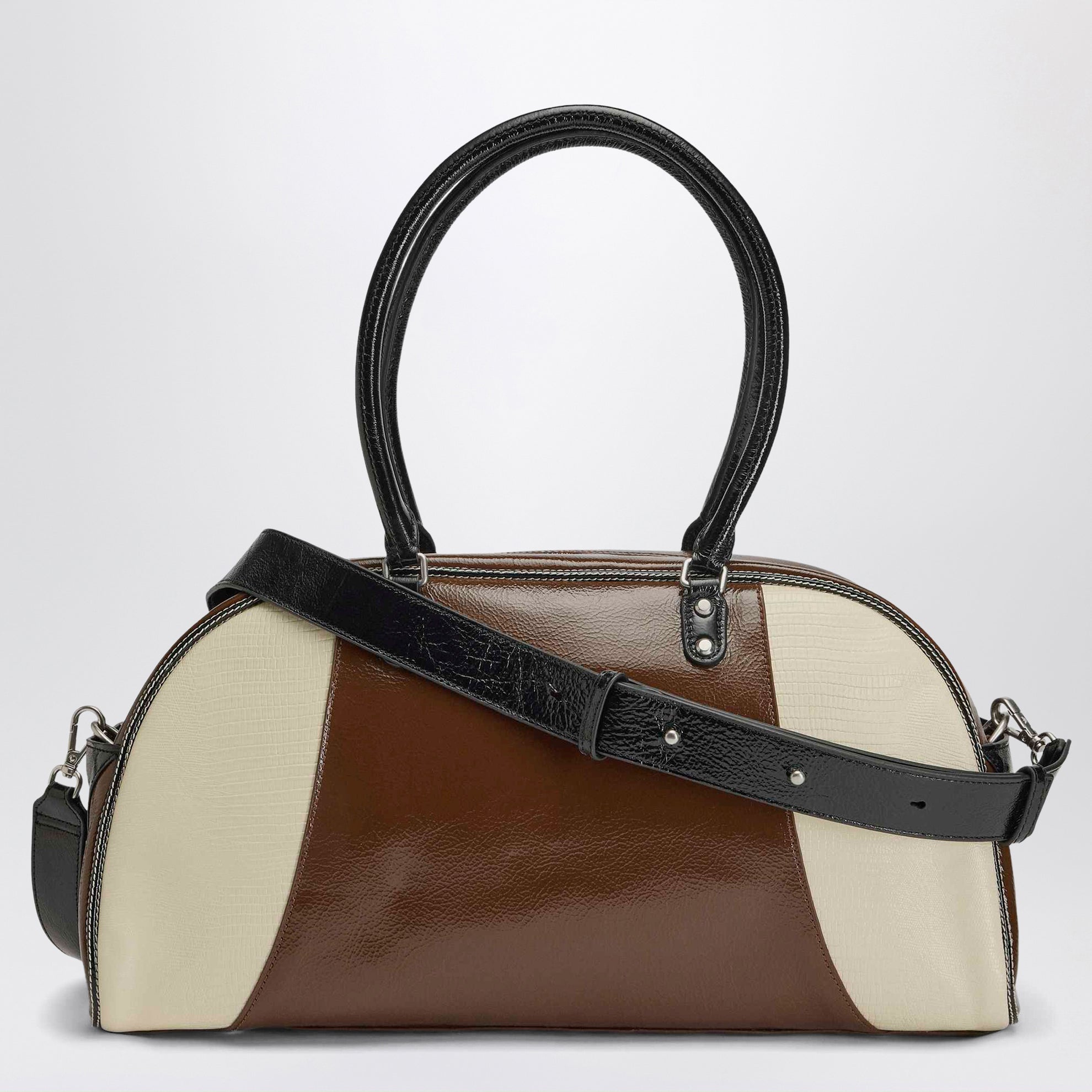 Brown/cream white leather bag with logo