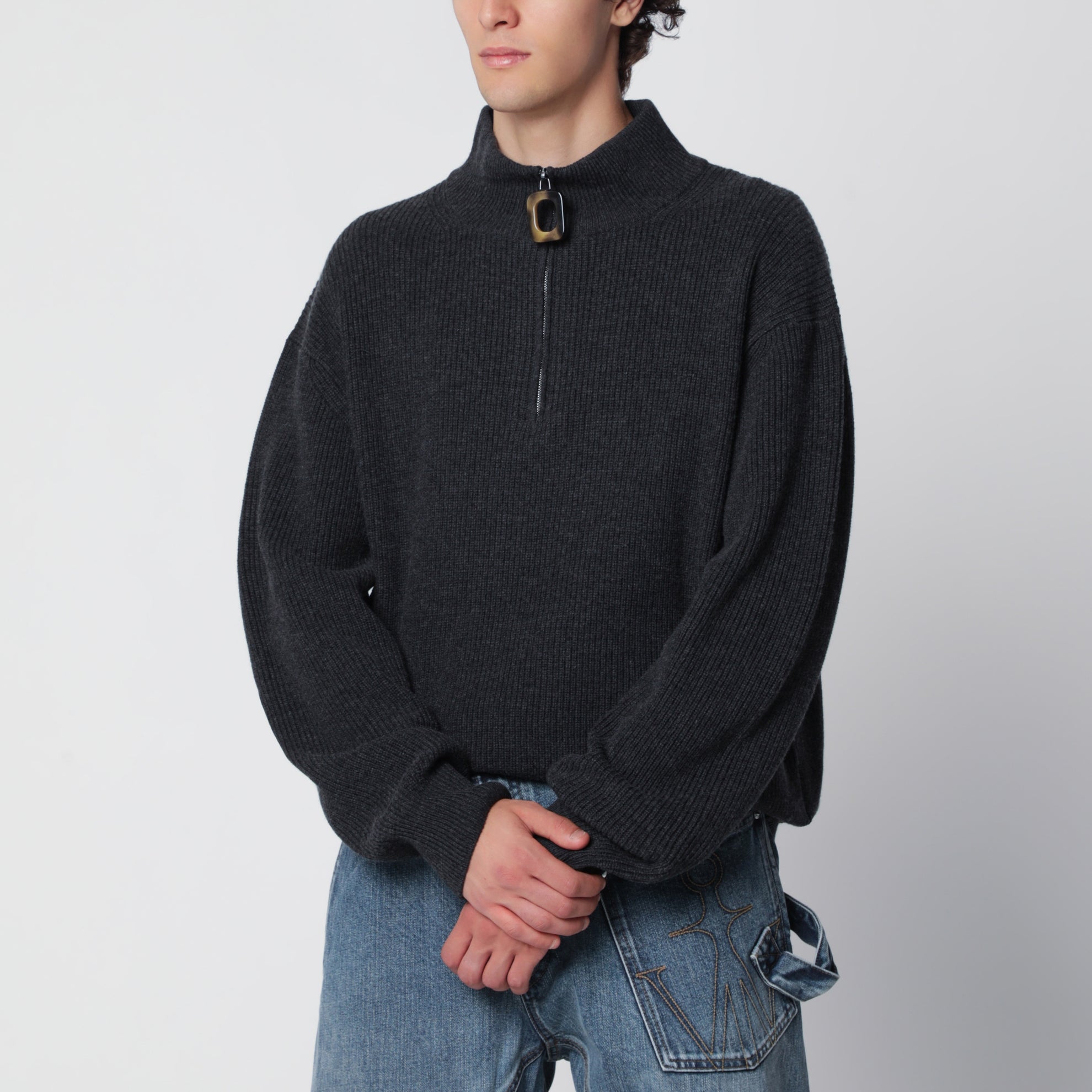 Maglia con mezza zip grigia scura in misto lana