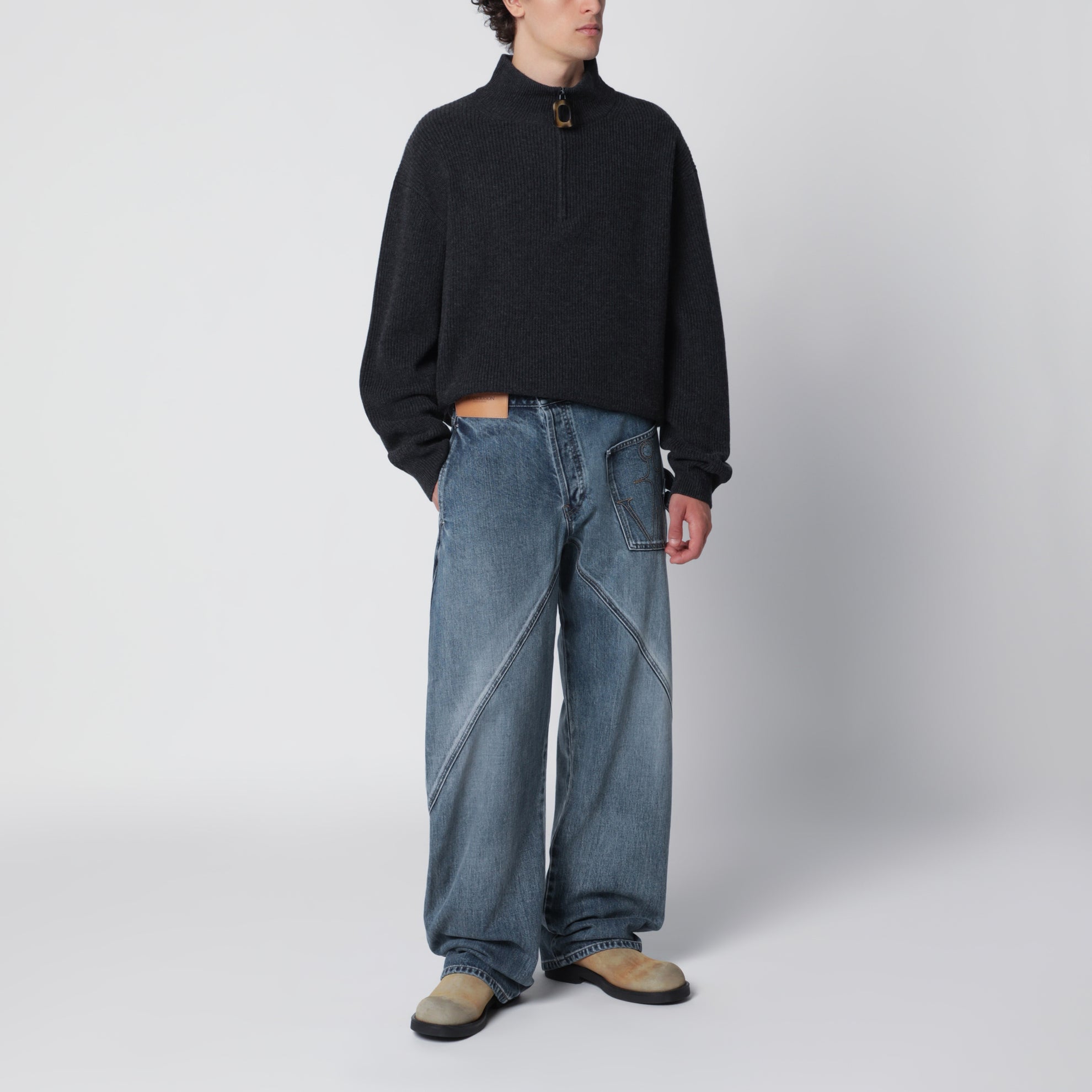 Maglia con mezza zip grigia scura in misto lana