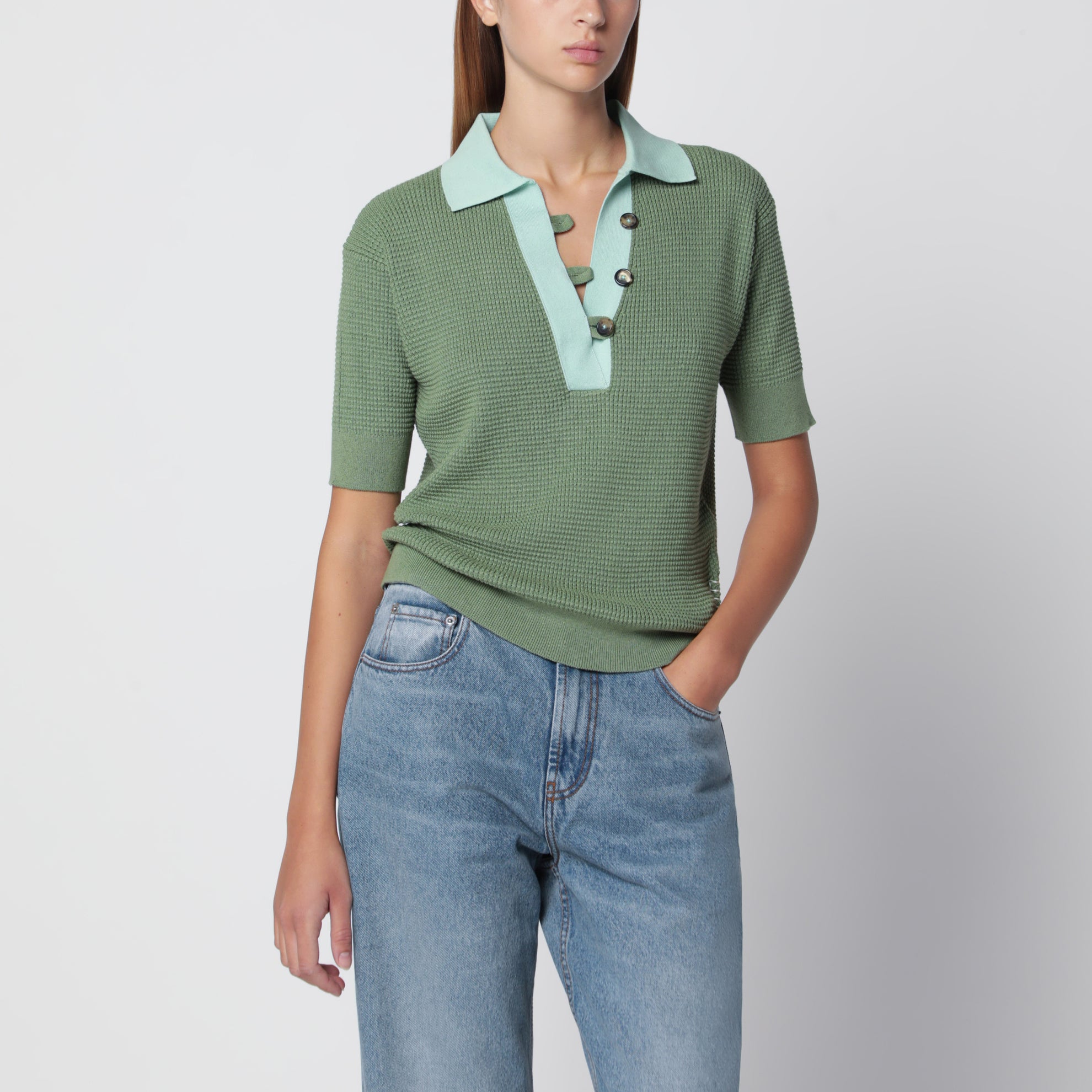 Mintgrünes Poloshirt aus Waffelstrick in Baumwollmischung