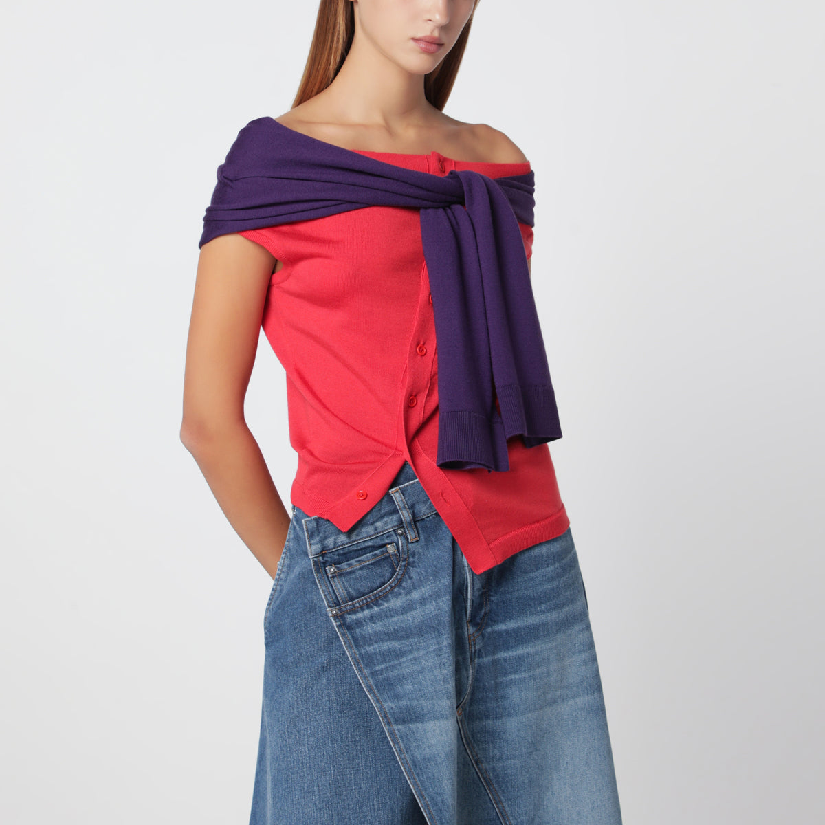 Red off-the-shoulder tank top in merino wool