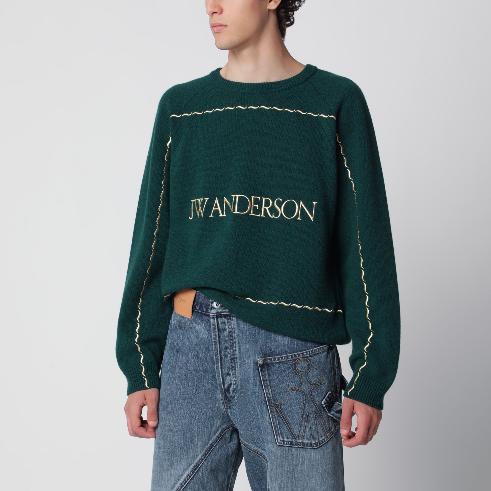 Waldgrüner Wollpullover mit Logo-Stickerei