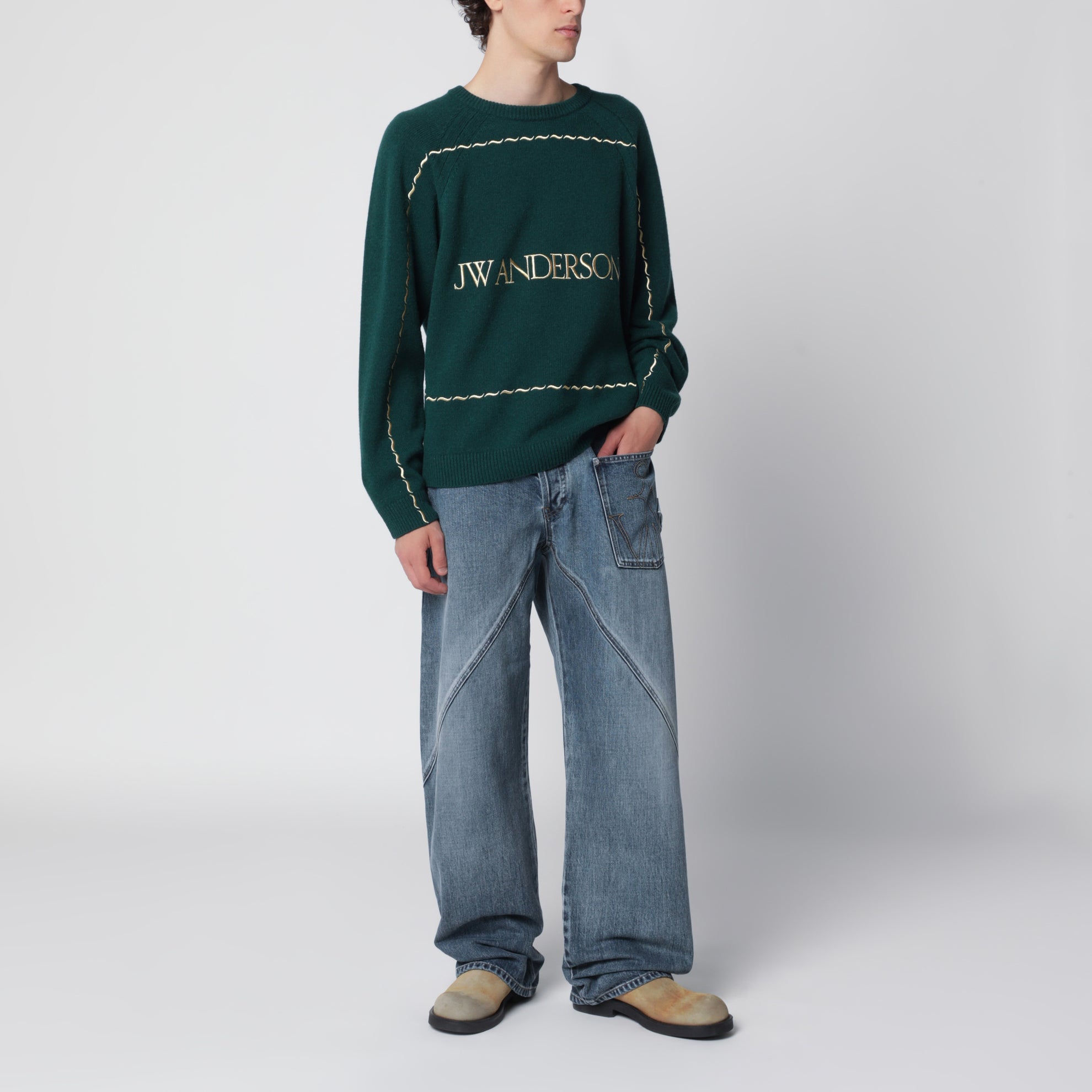 Waldgrüner Wollpullover mit Logo-Stickerei