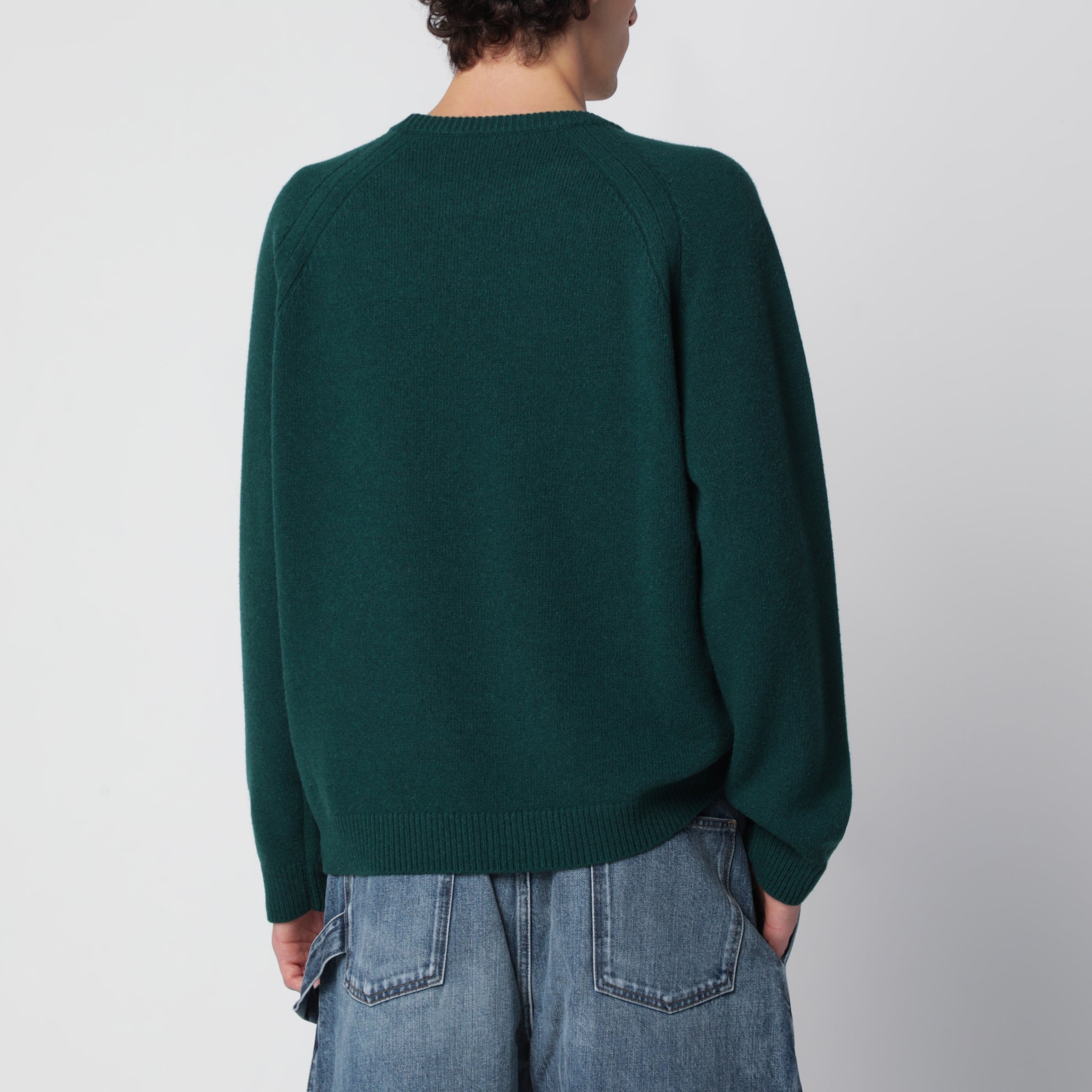 Waldgrüner Wollpullover mit Logo-Stickerei