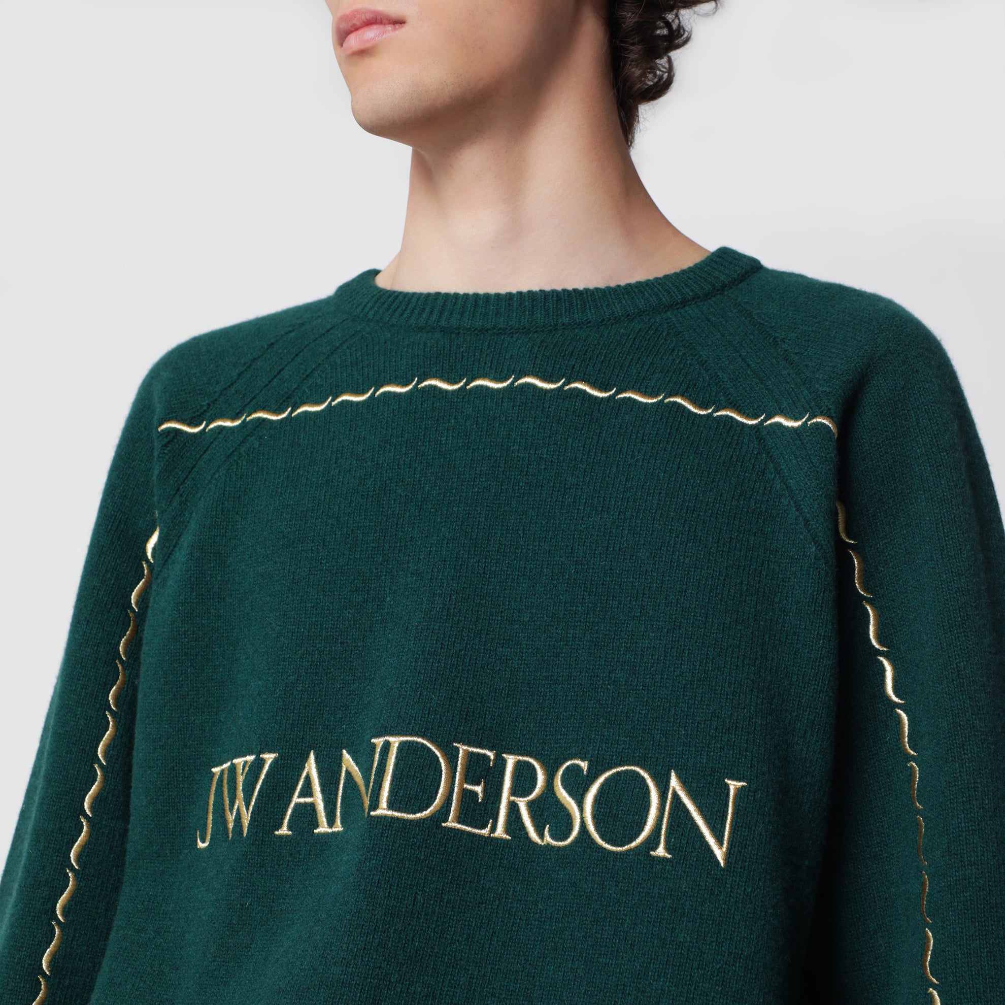 Waldgrüner Wollpullover mit Logo-Stickerei