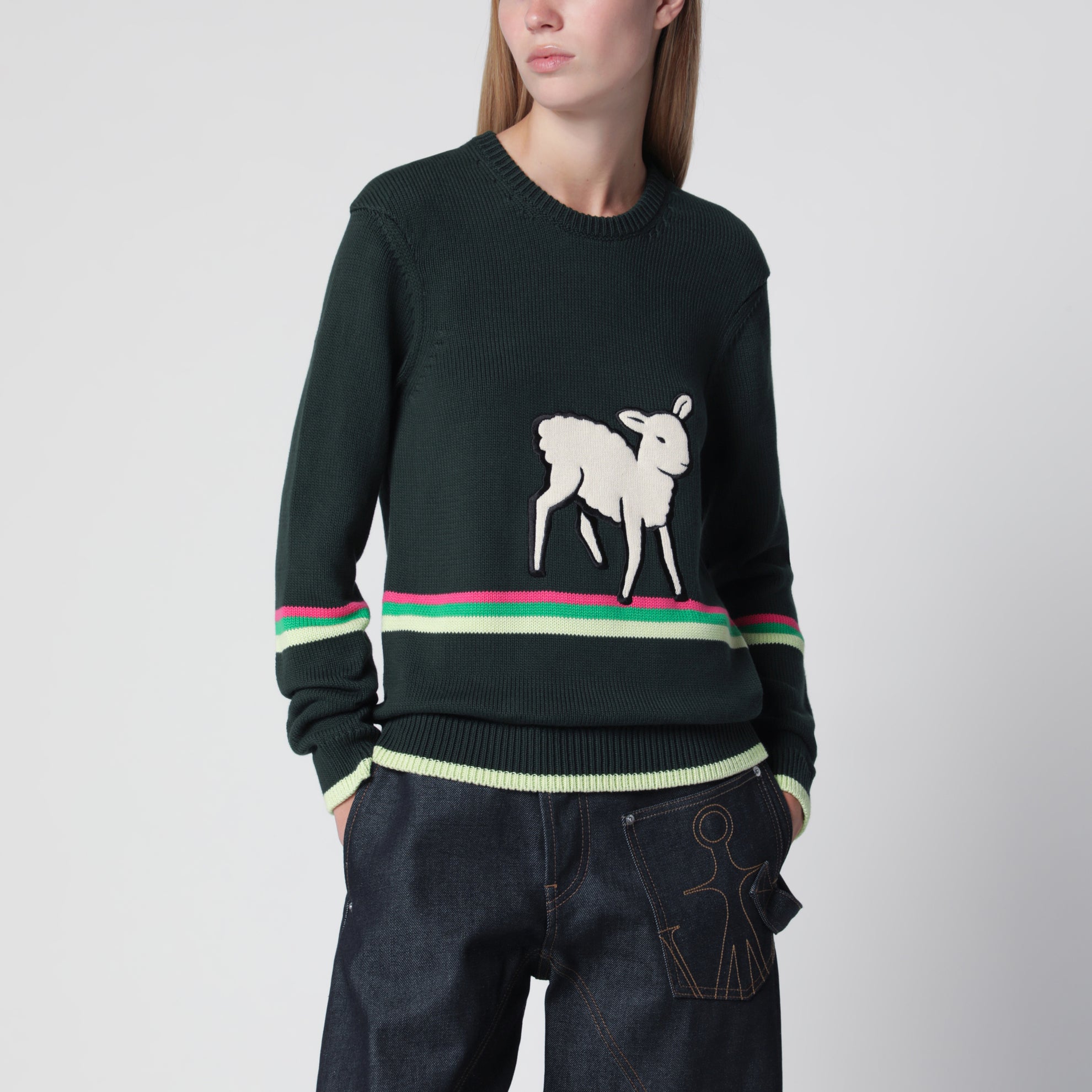 Dark green cotton sweater with sheep embroidery