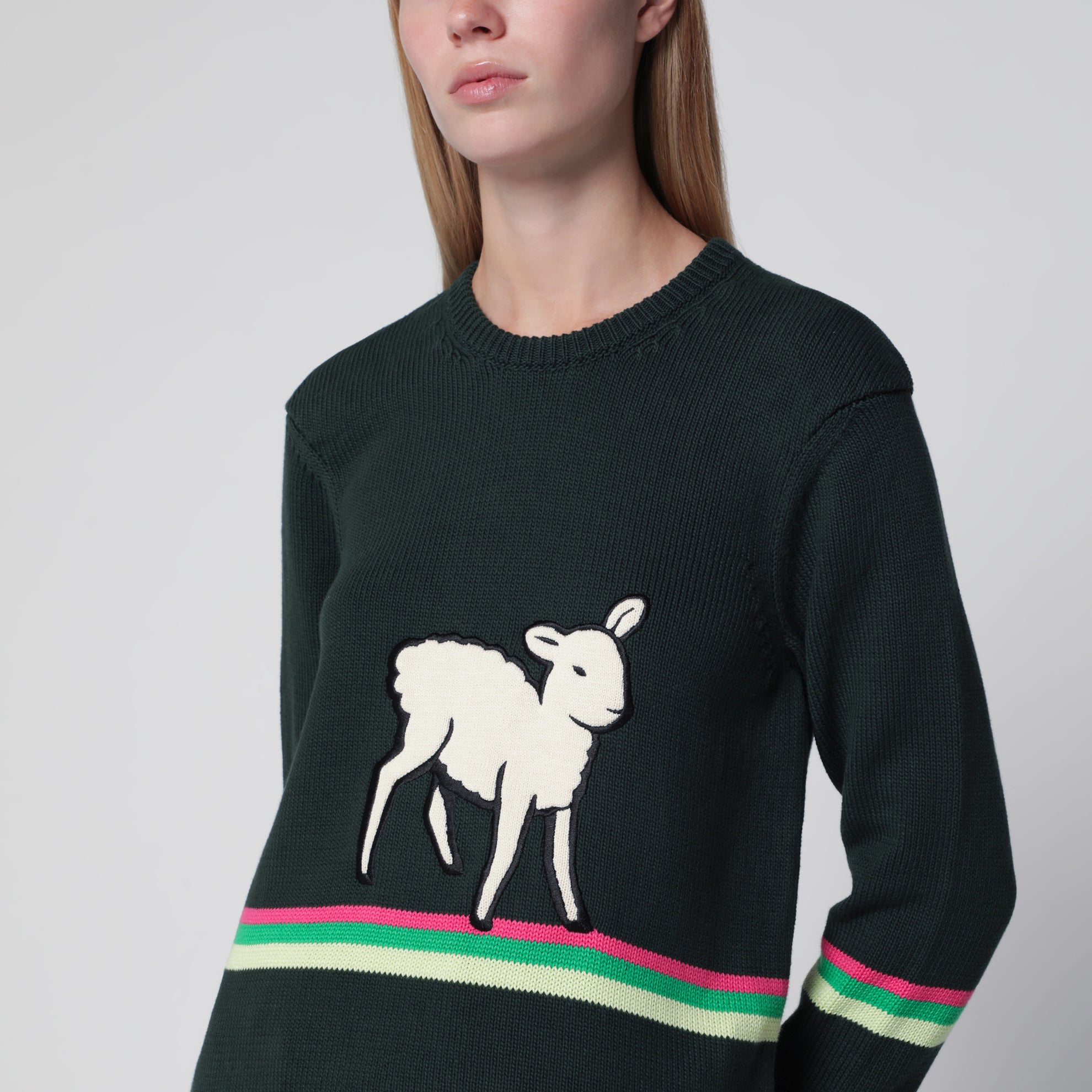Dark green cotton sweater with sheep embroidery