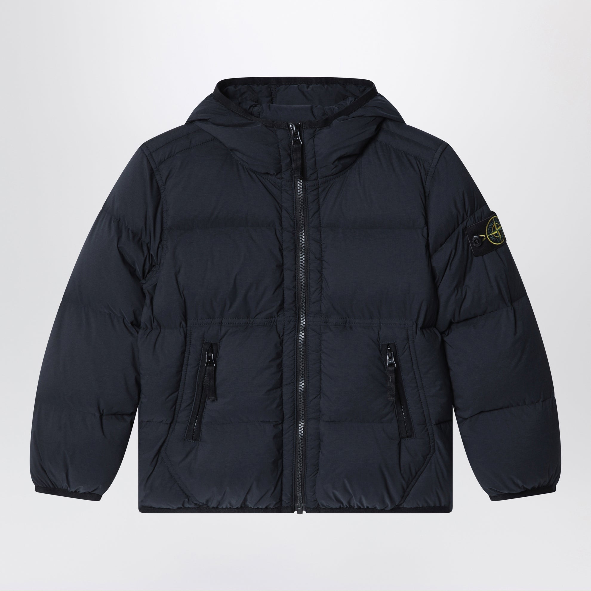 Navy nylon hooded down jacket