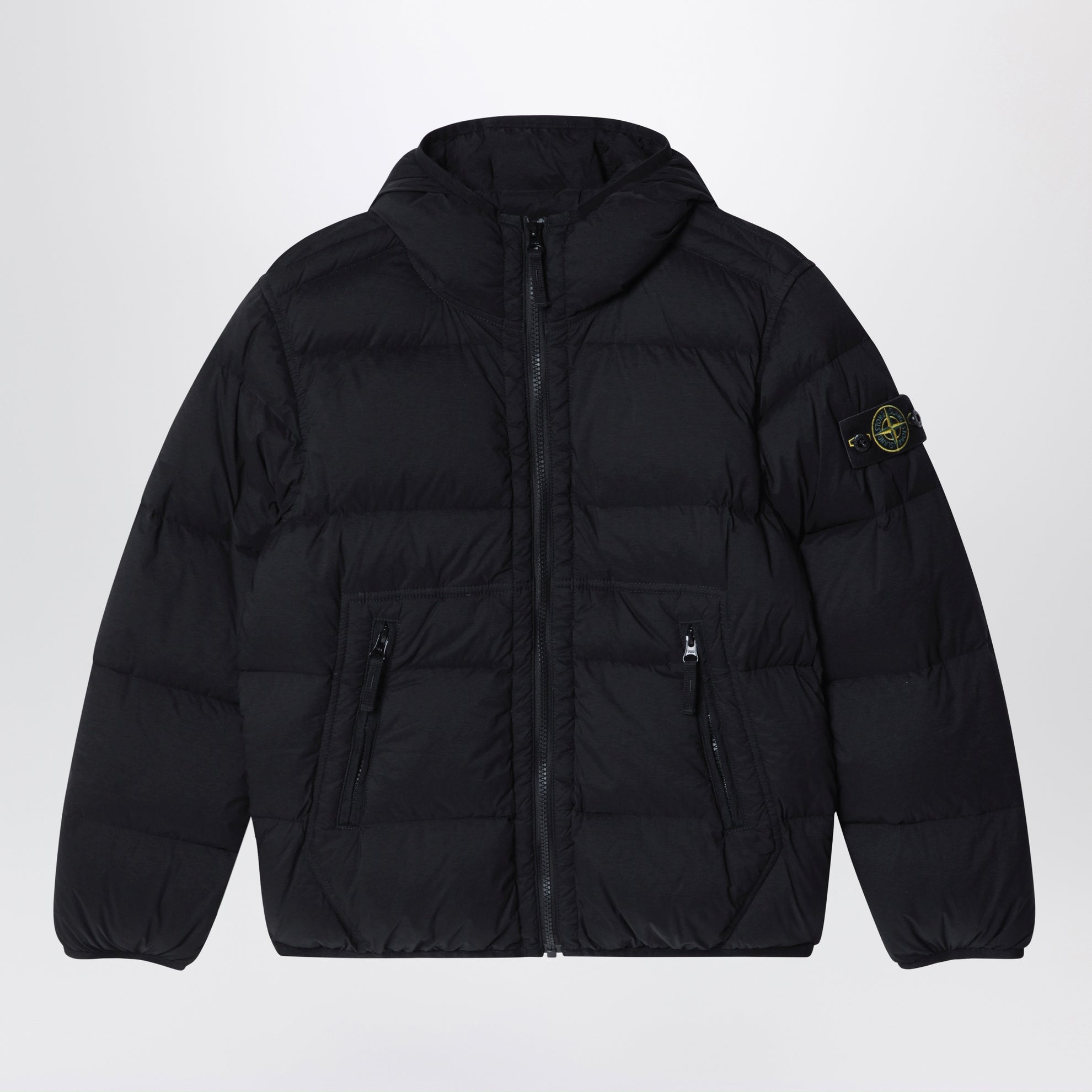 Black nylon hooded down jacket