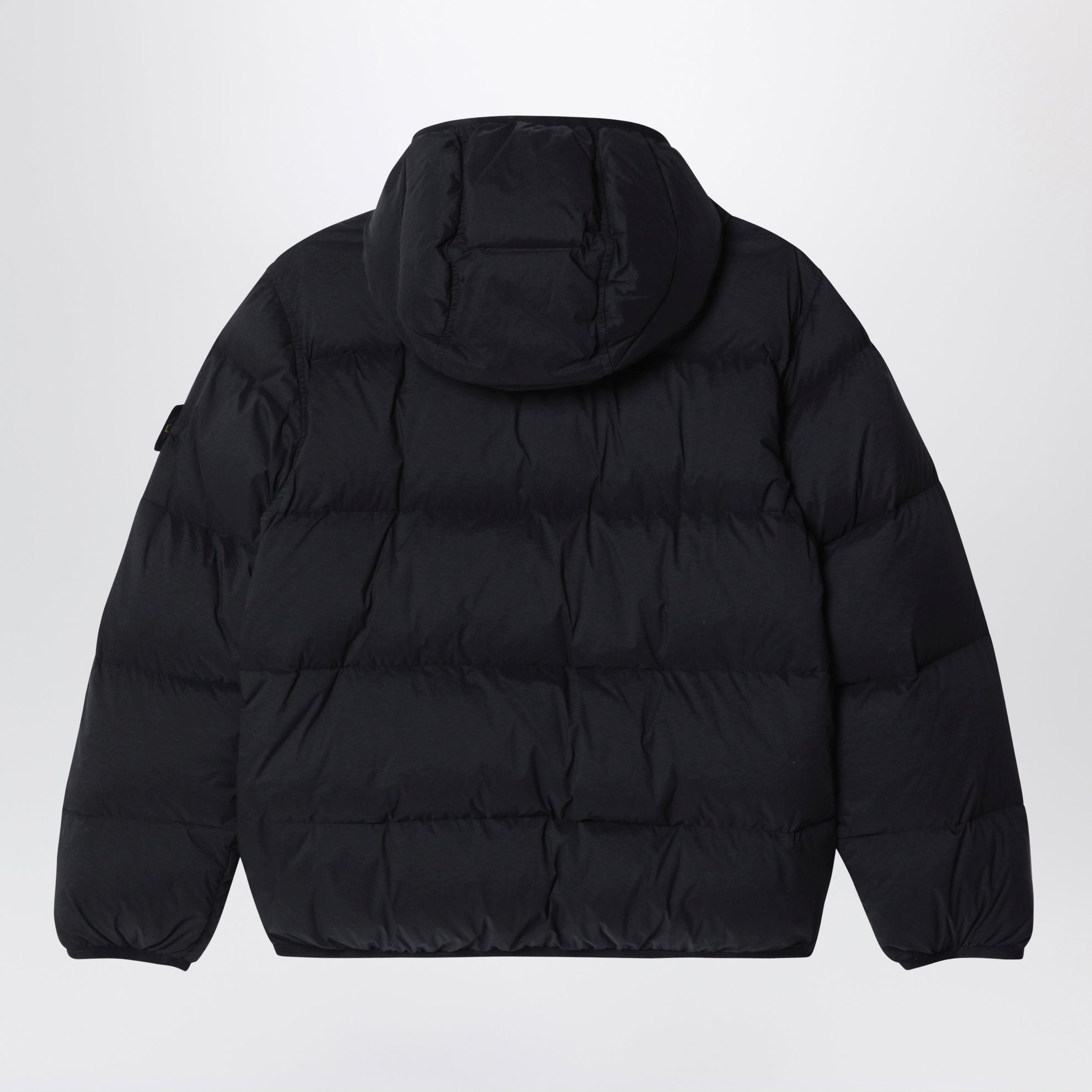 Black nylon hooded down jacket