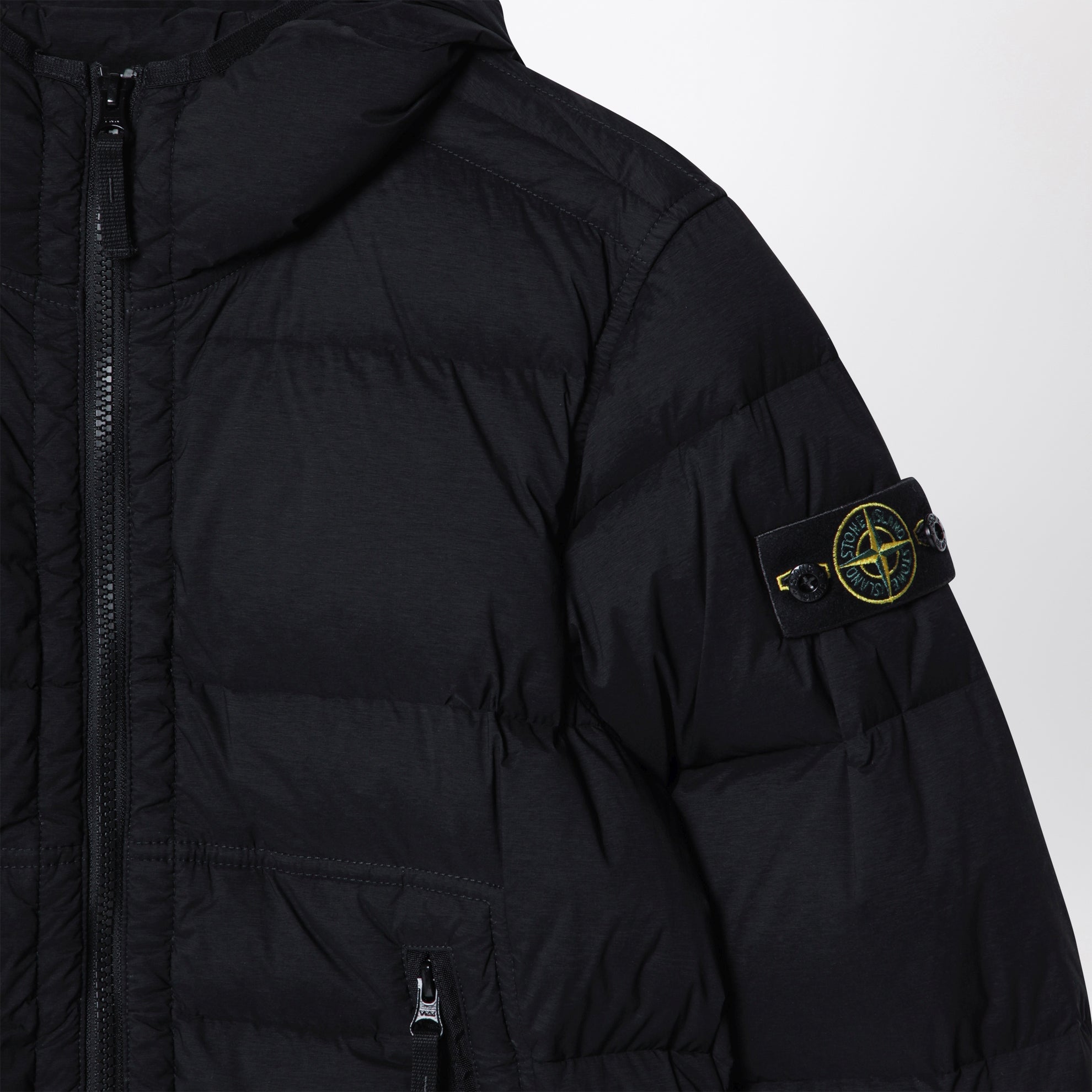 Black nylon hooded down jacket