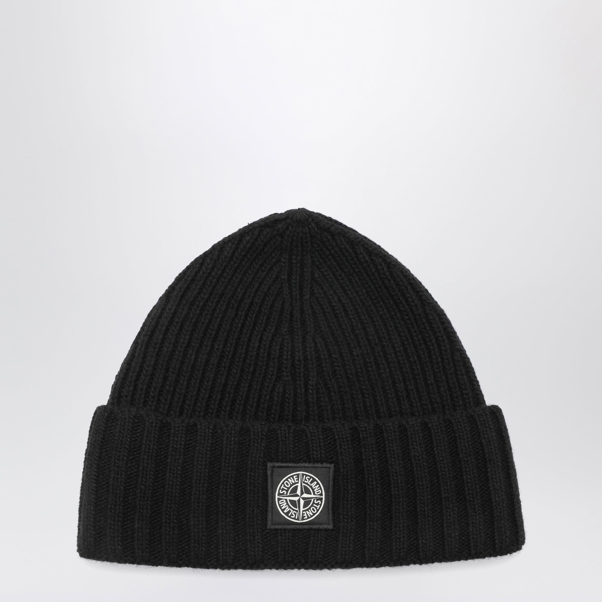 Black wool-blend beanie with logo patch