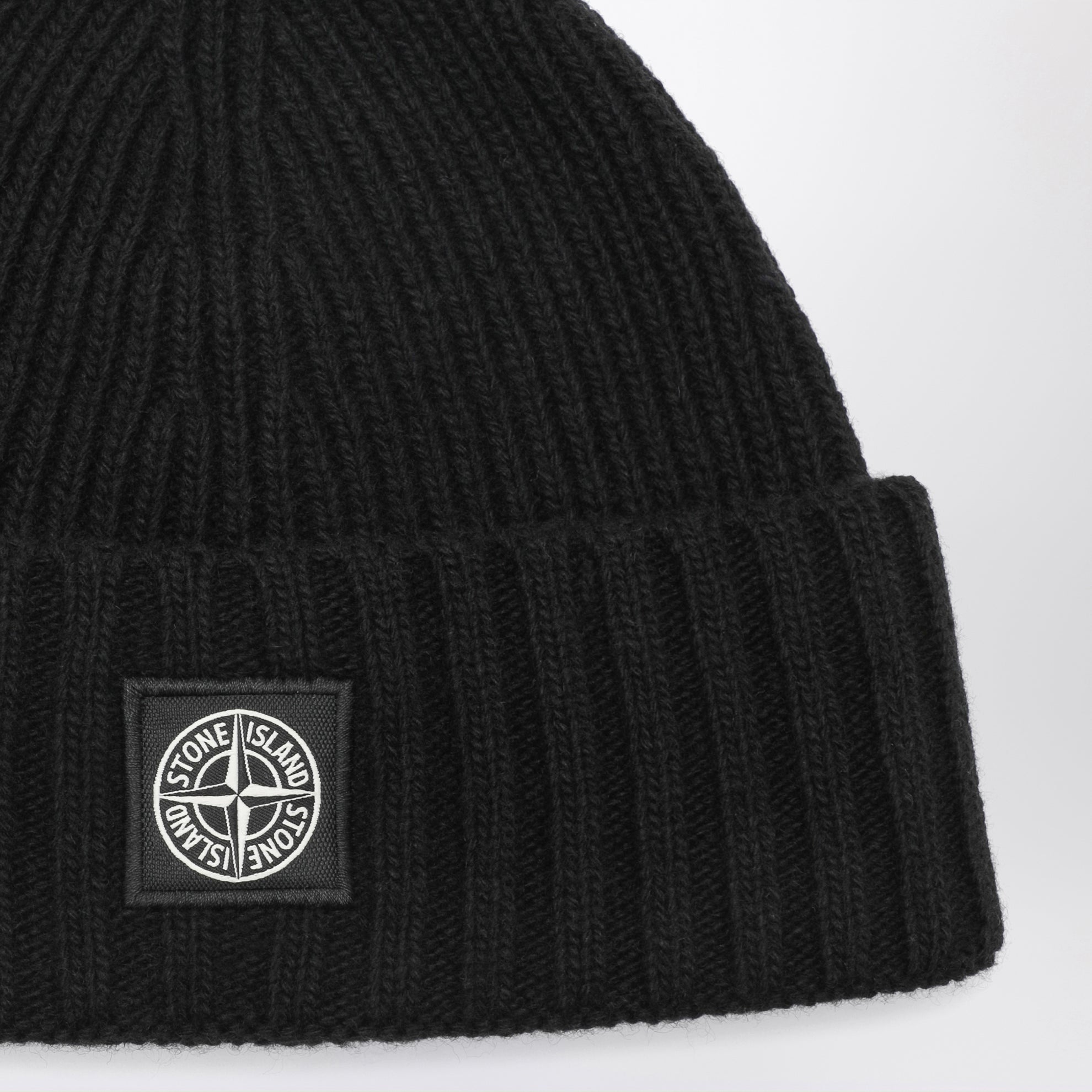 Black wool-blend beanie with logo patch