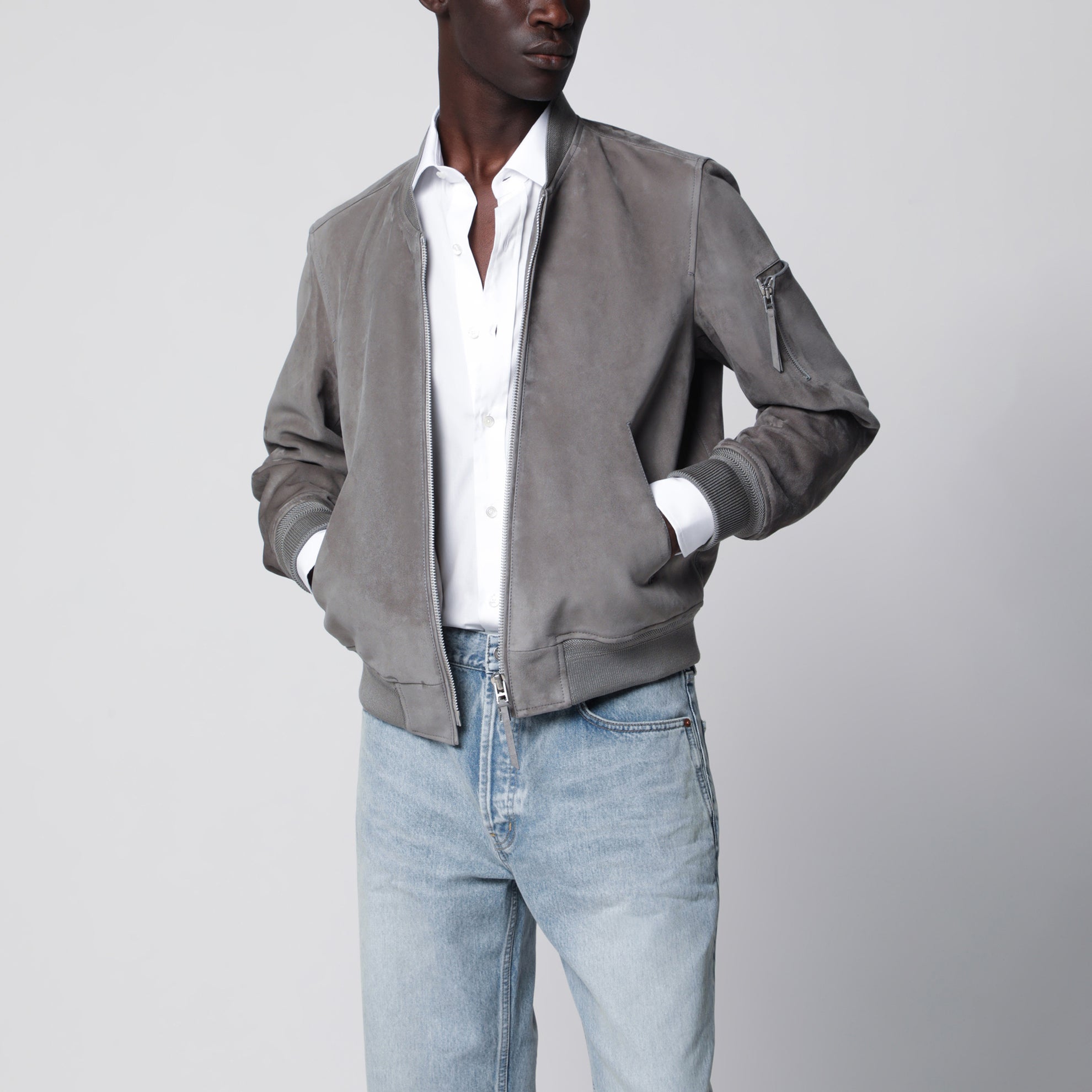 Titanium suede bomber jacket in lamb leather