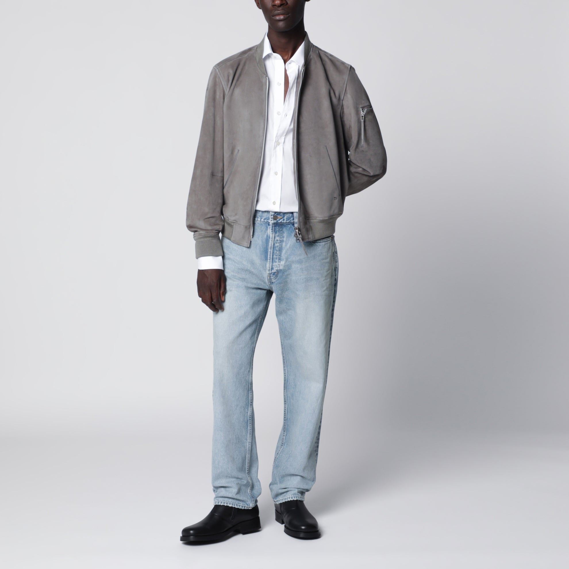 Titanium suede bomber jacket in lamb leather