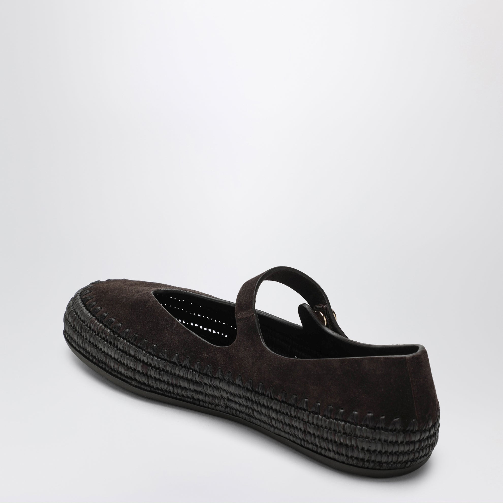 Dark brown suede and raffia Mary Jane Rio shoes