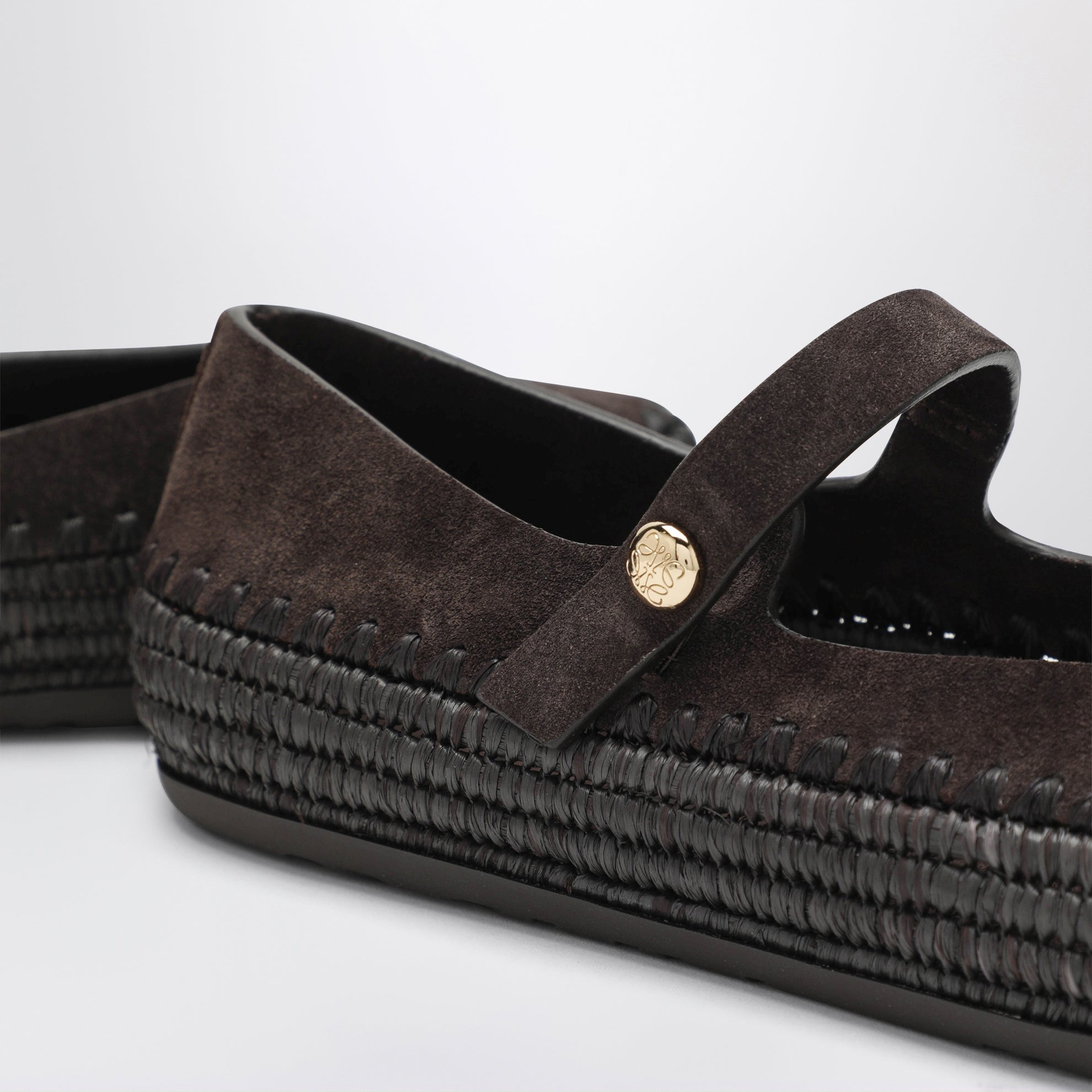 Dark brown suede and raffia Mary Jane Rio shoes