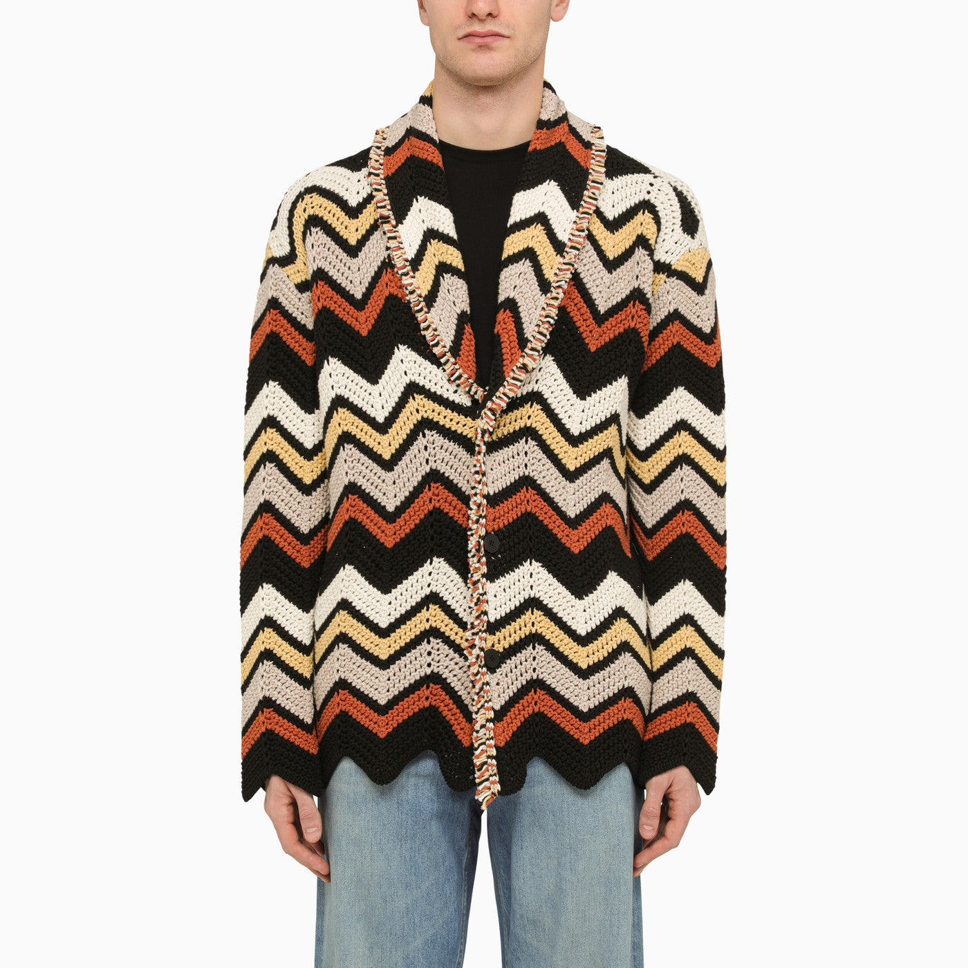 Mehrfarbige Häkel-Strickjacke mit Zick-Zack-Muster