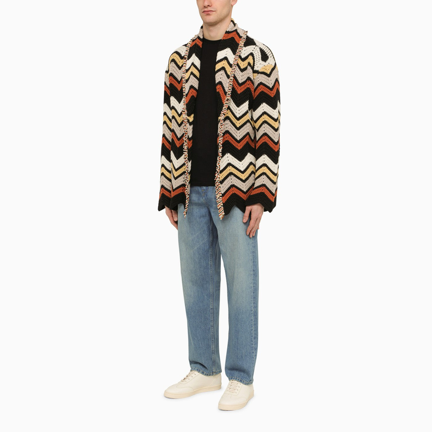 Mehrfarbige Häkel-Strickjacke mit Zick-Zack-Muster