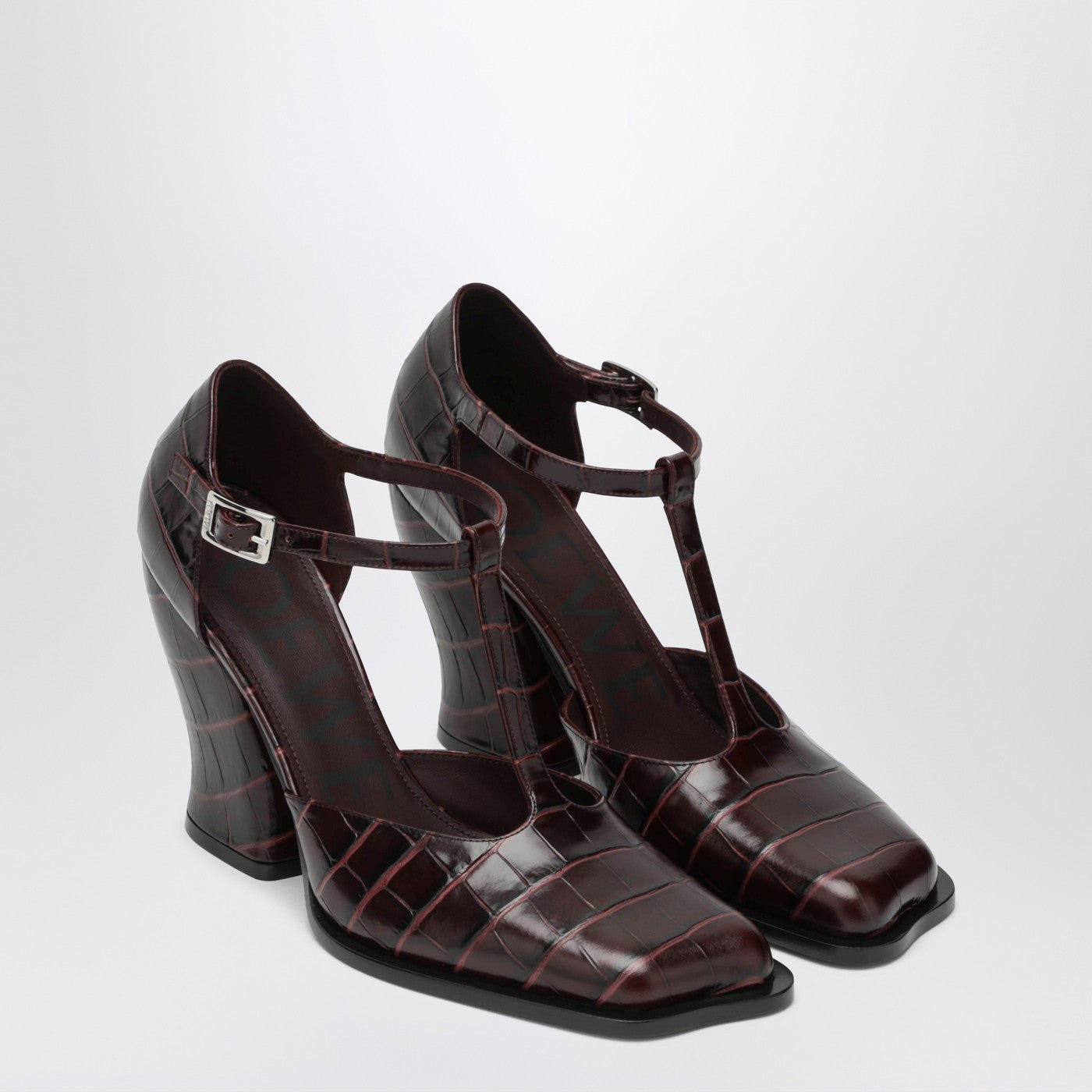 Burgundy Onda T-bar pumps in embossed leather