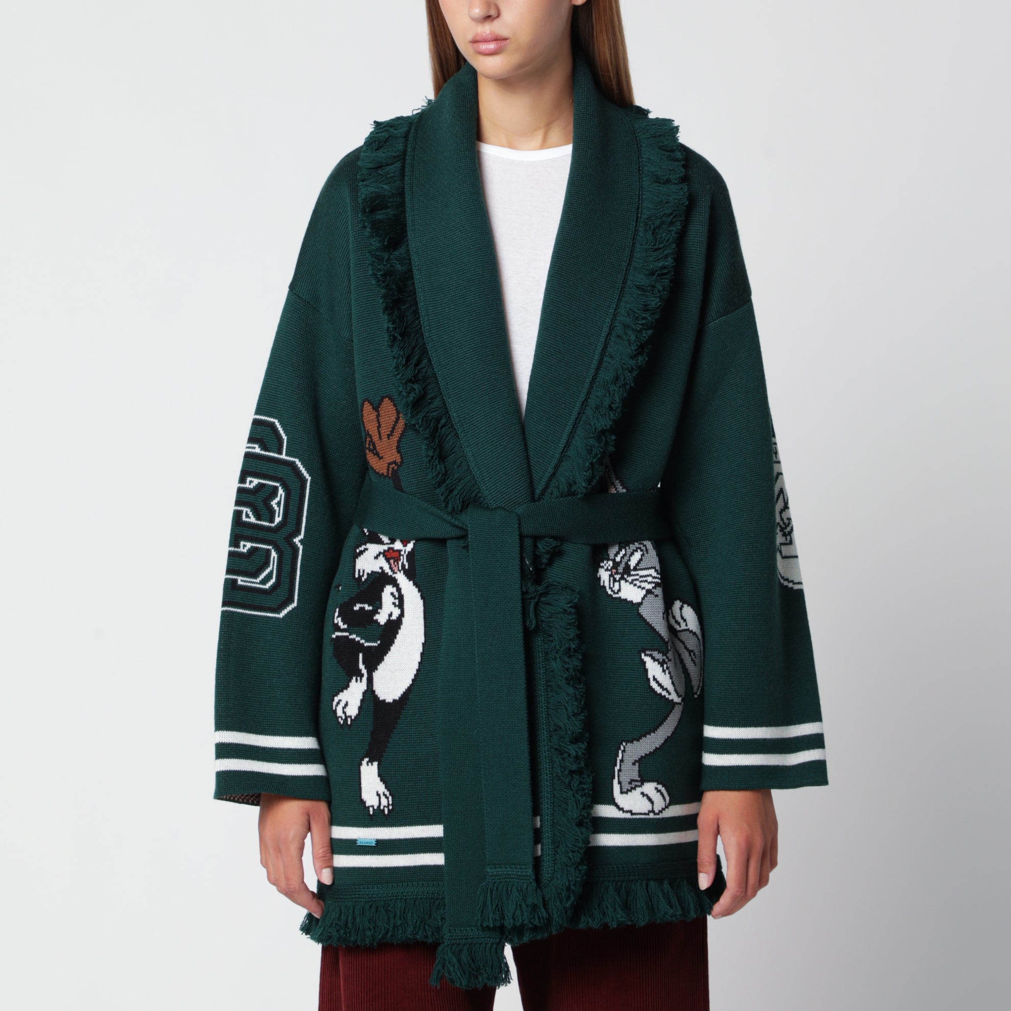 Cardigan vert forêt en laine avec Bugs Bunny et Sylvester