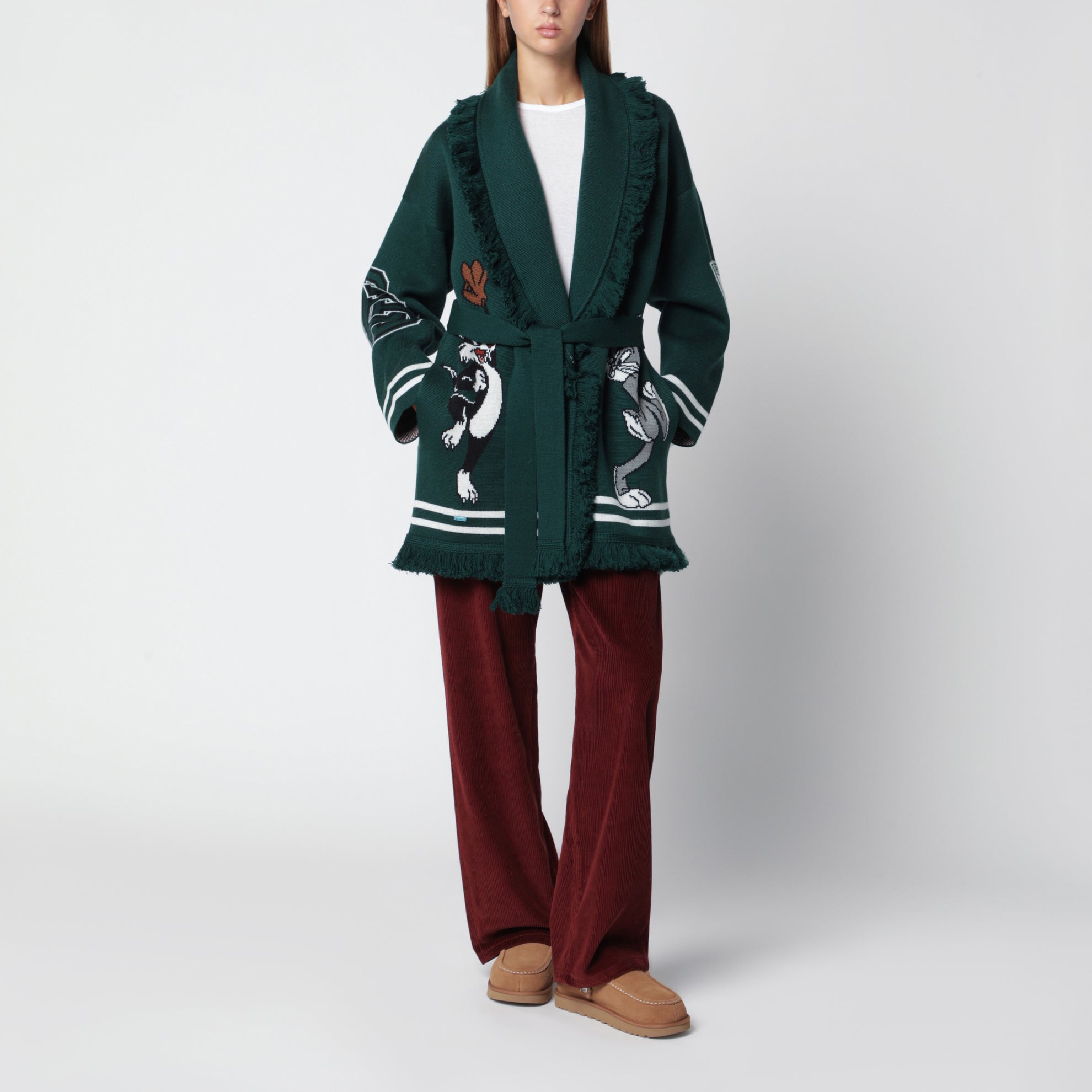 Cardigan vert forêt en laine avec Bugs Bunny et Sylvester
